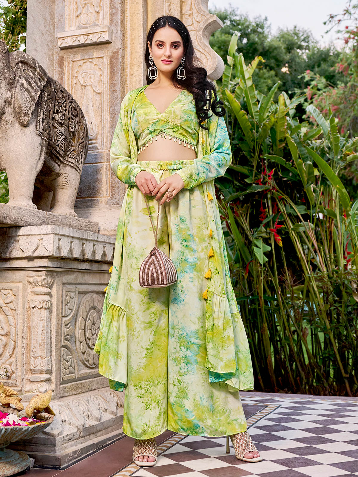 Odette Women Green Silk Blend Printed Indo Western Set
