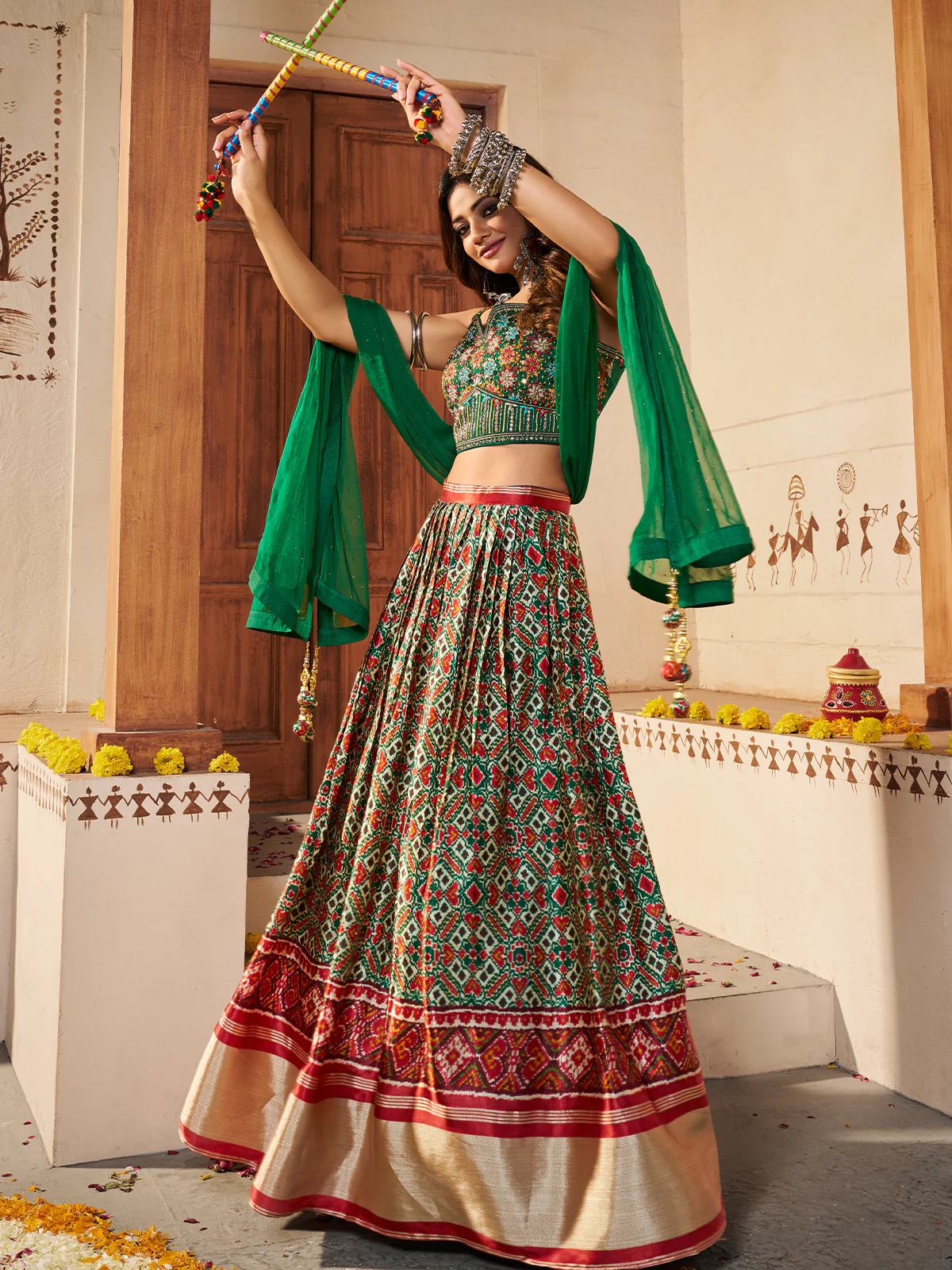 Odette Women Green Silk Printed Semi Stitched Lehenga With Unstitched Blouse - Image 2