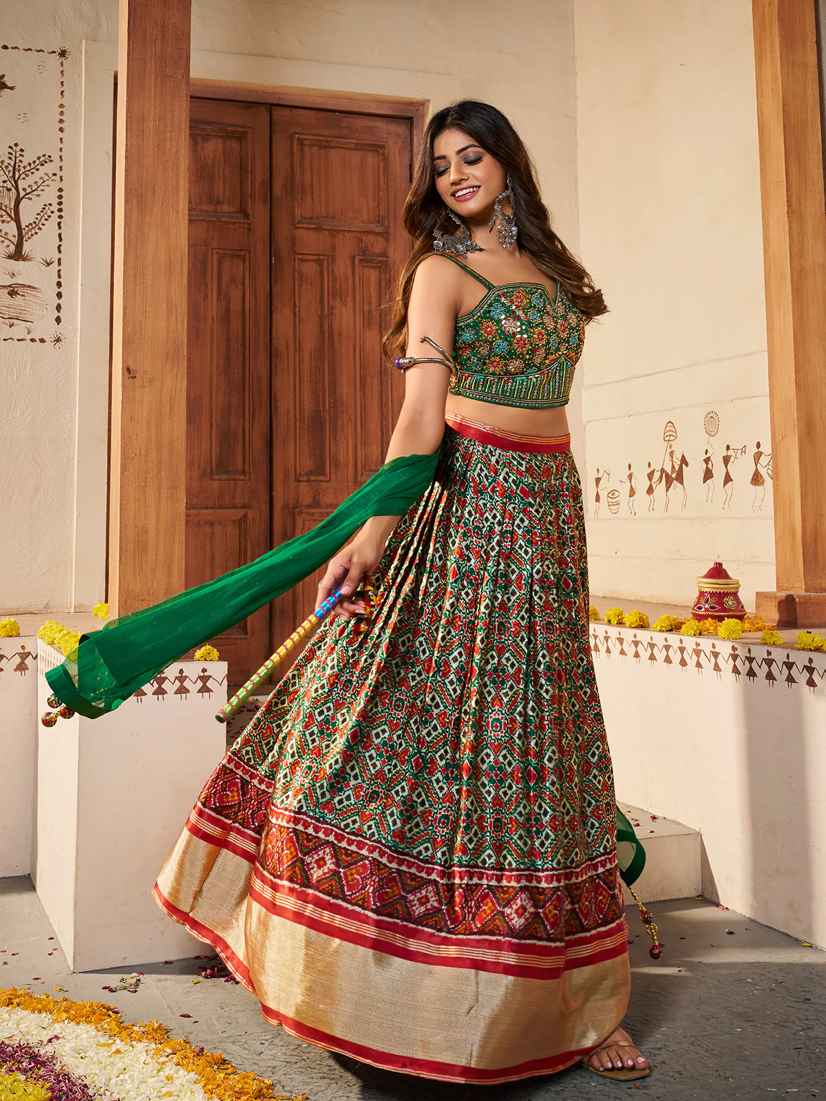 Odette Women Green Silk Printed Semi Stitched Lehenga With Unstitched Blouse - Image 3