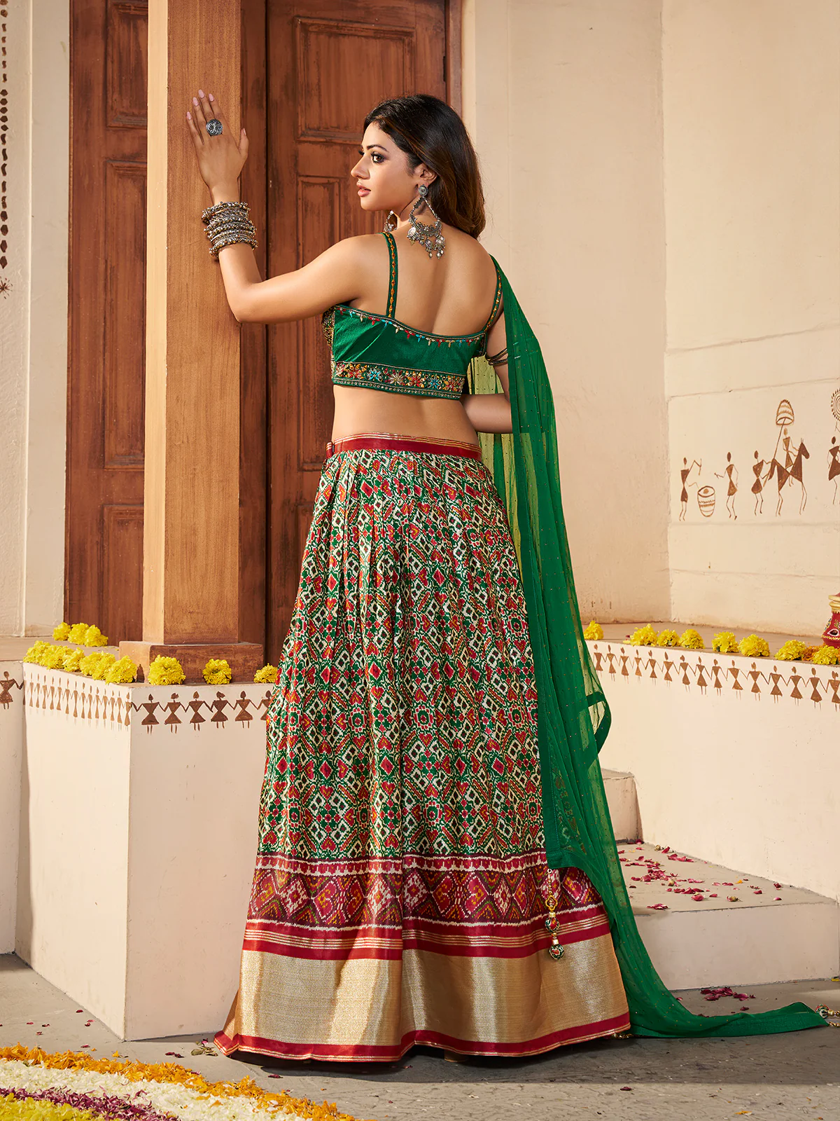 Odette Women Green Silk Printed Semi Stitched Lehenga With Unstitched Blouse - Image 4
