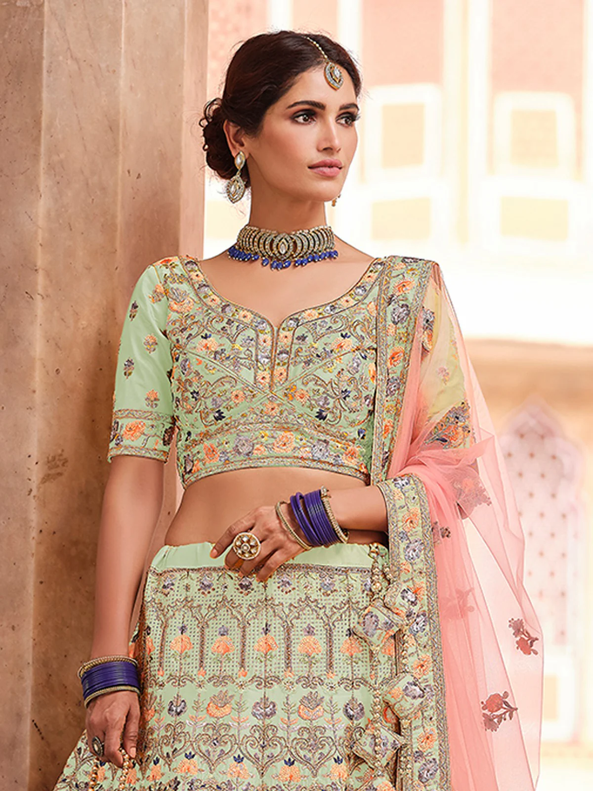 Odette Women Green Embroidered Crepe Semi Stitched Lehenga With Unstitched Blouse - Image 2