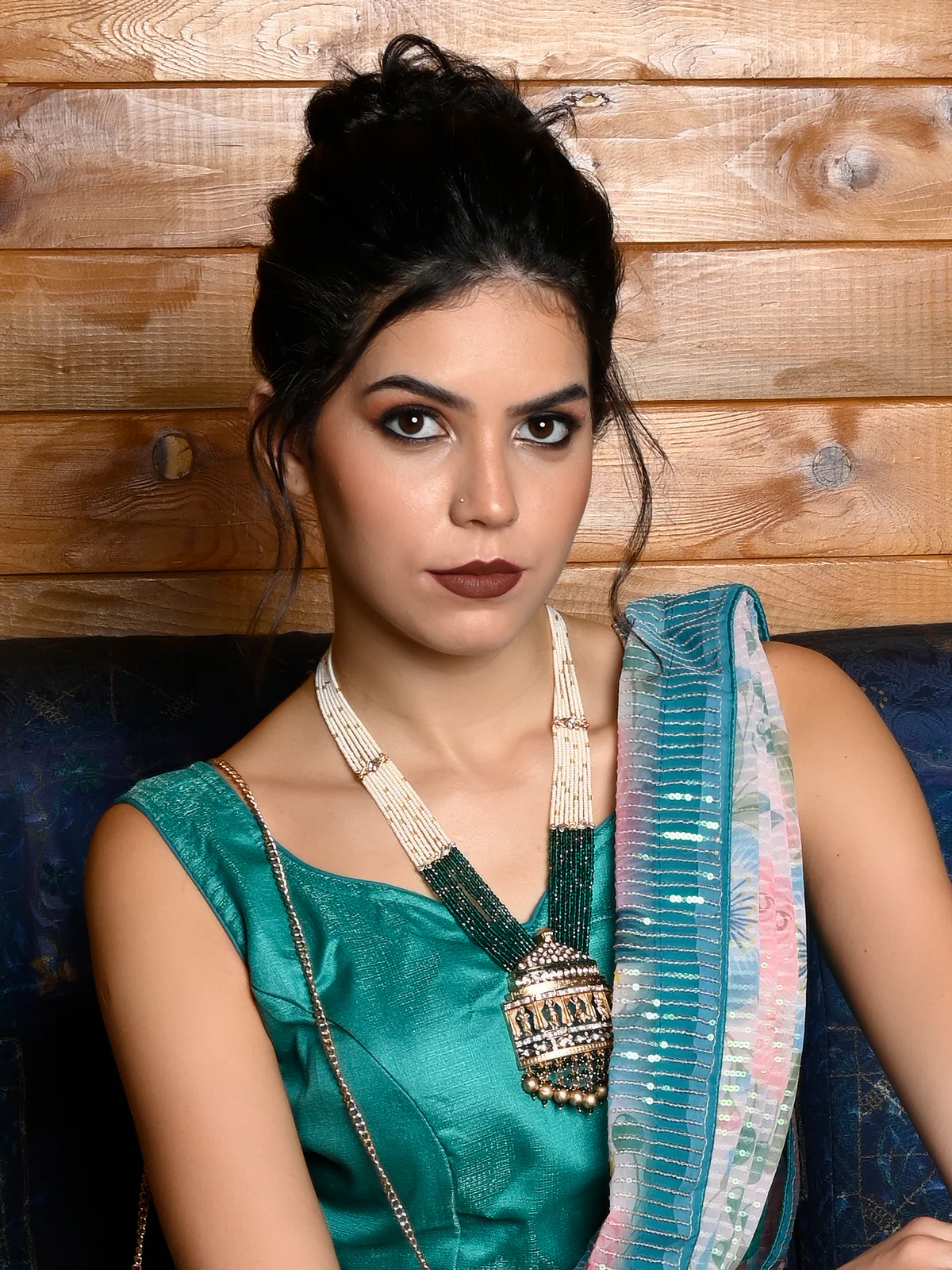 Odette Women Green Temple Pendant Long Bridal Necklace - Image 2