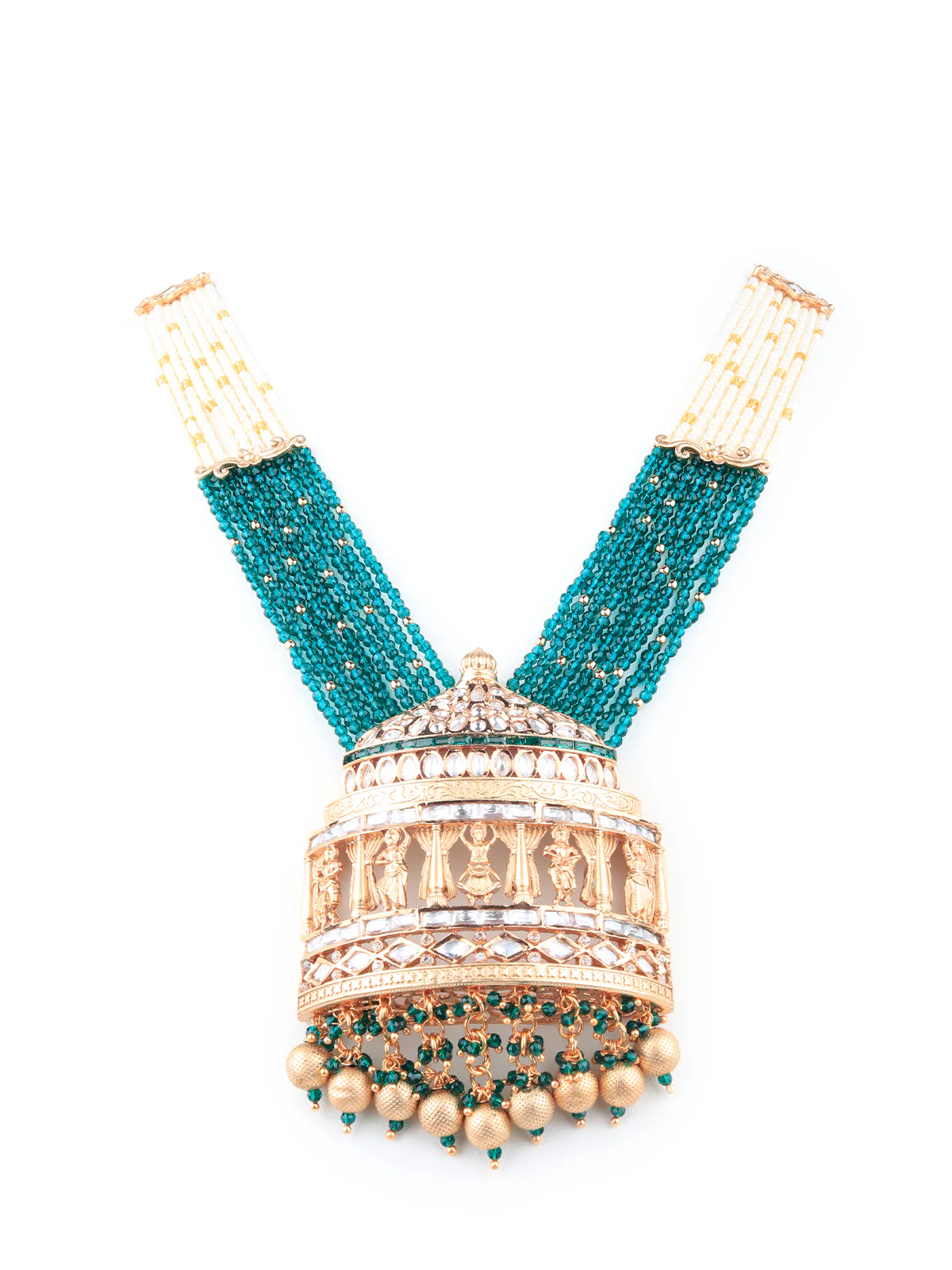 Odette Women Green Temple Pendant Long Bridal Necklace - Image 3
