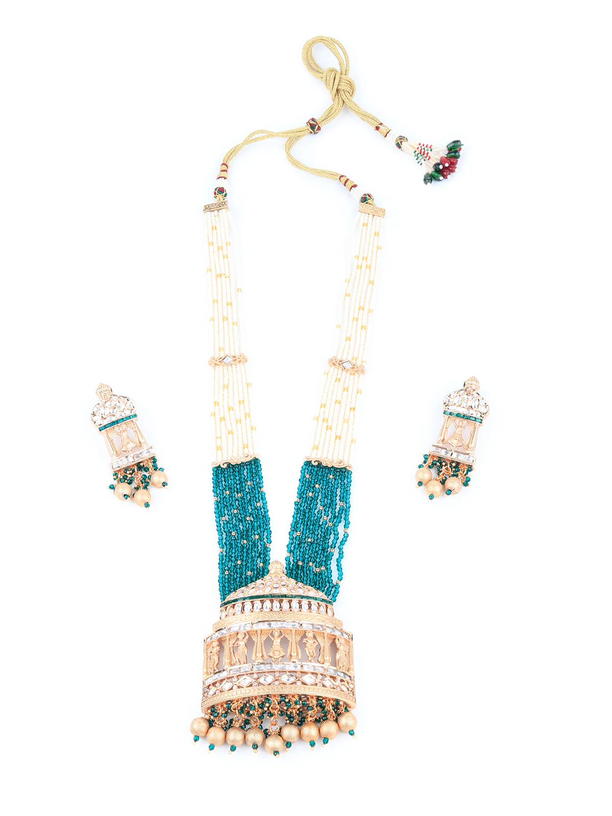 Odette Women Green Temple Pendant Long Bridal Necklace - Image 4