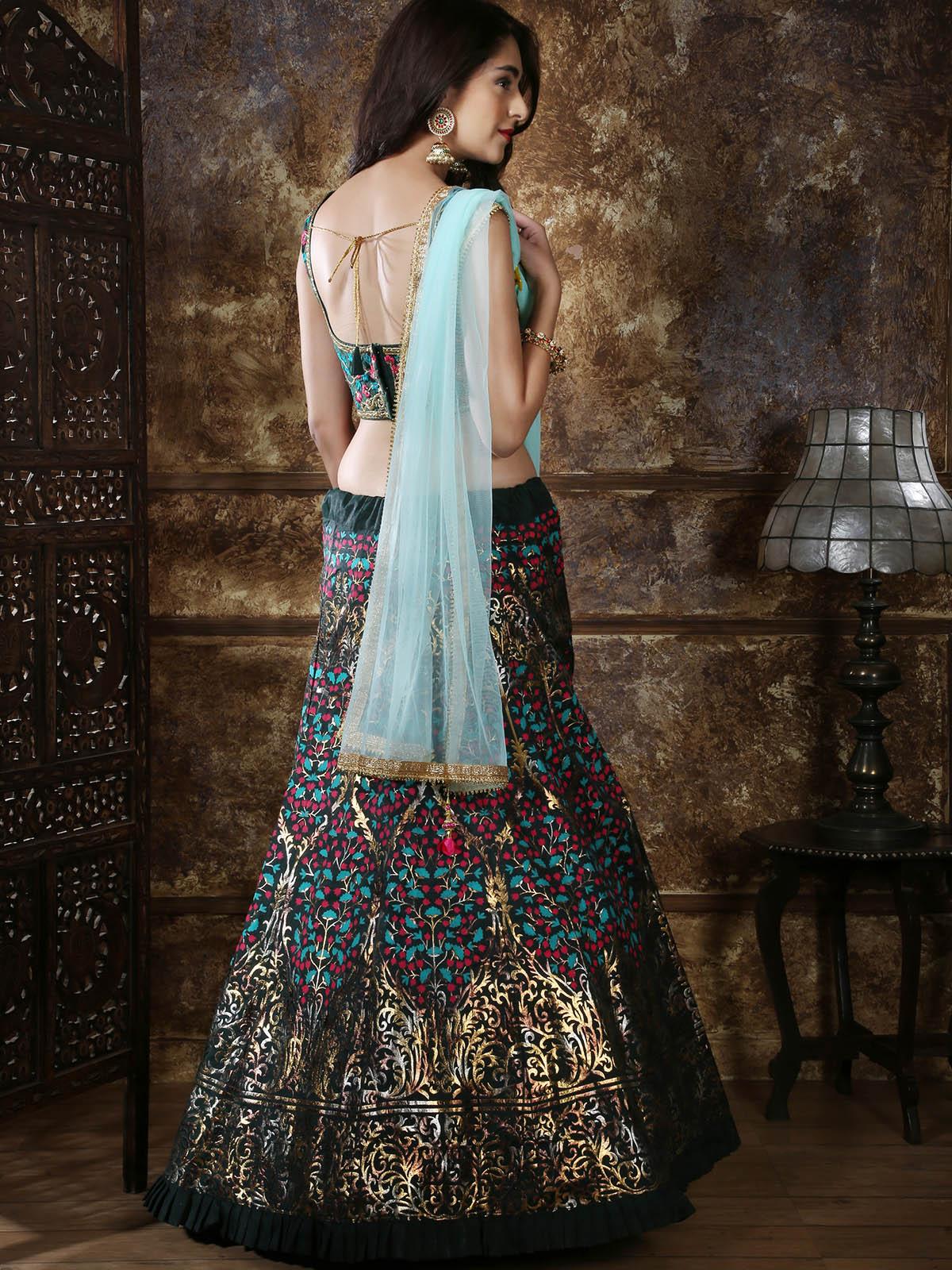 Odette Women Green Thai Silk Semi Stitched Lehenga With  Unstitched Blouse Set - Image 2