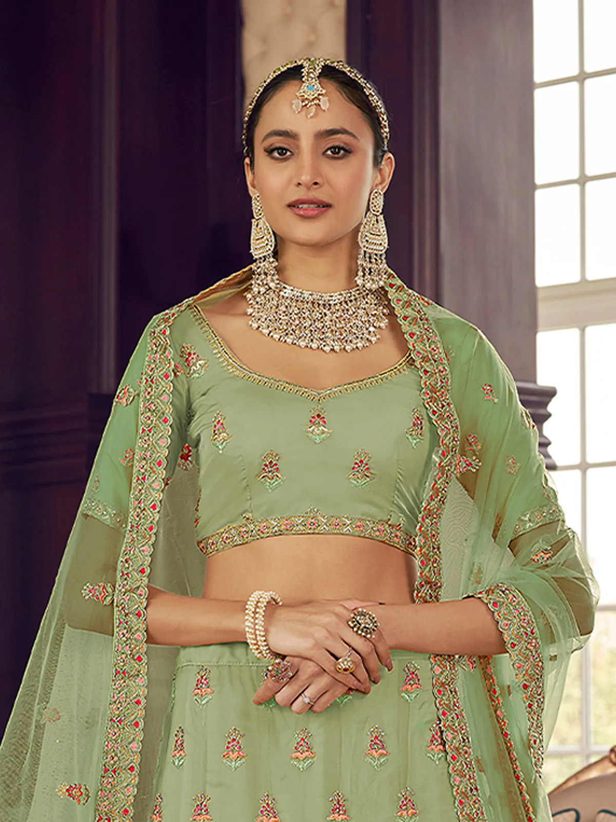 Odette Women Green Organza Semi Stitched Lehenga With Unstitched Blouse - Image 2