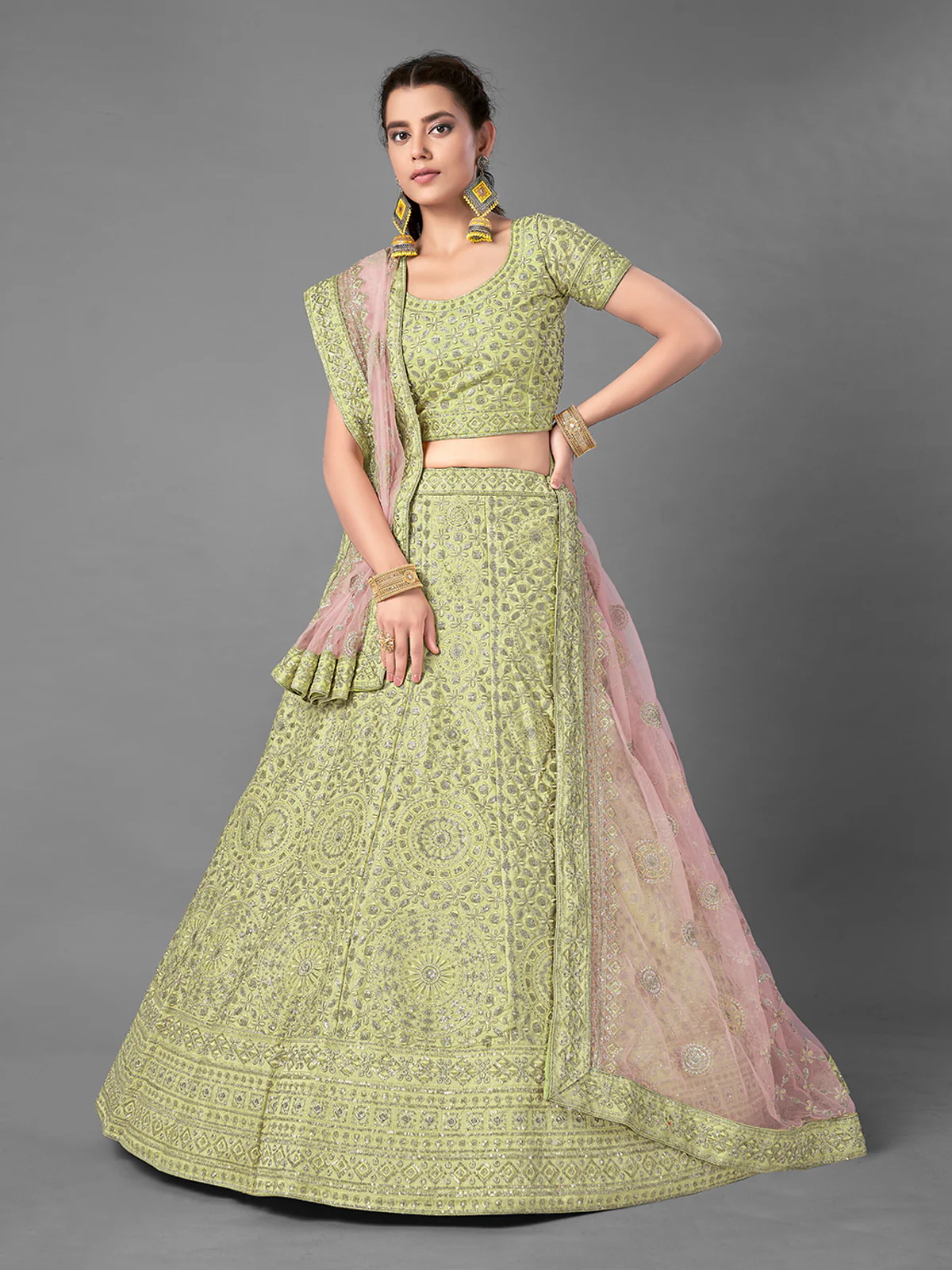 Odette Women Green Embroidered Art Silk Semi Stitched Lehenga With Unstitched Blouse - Image 2