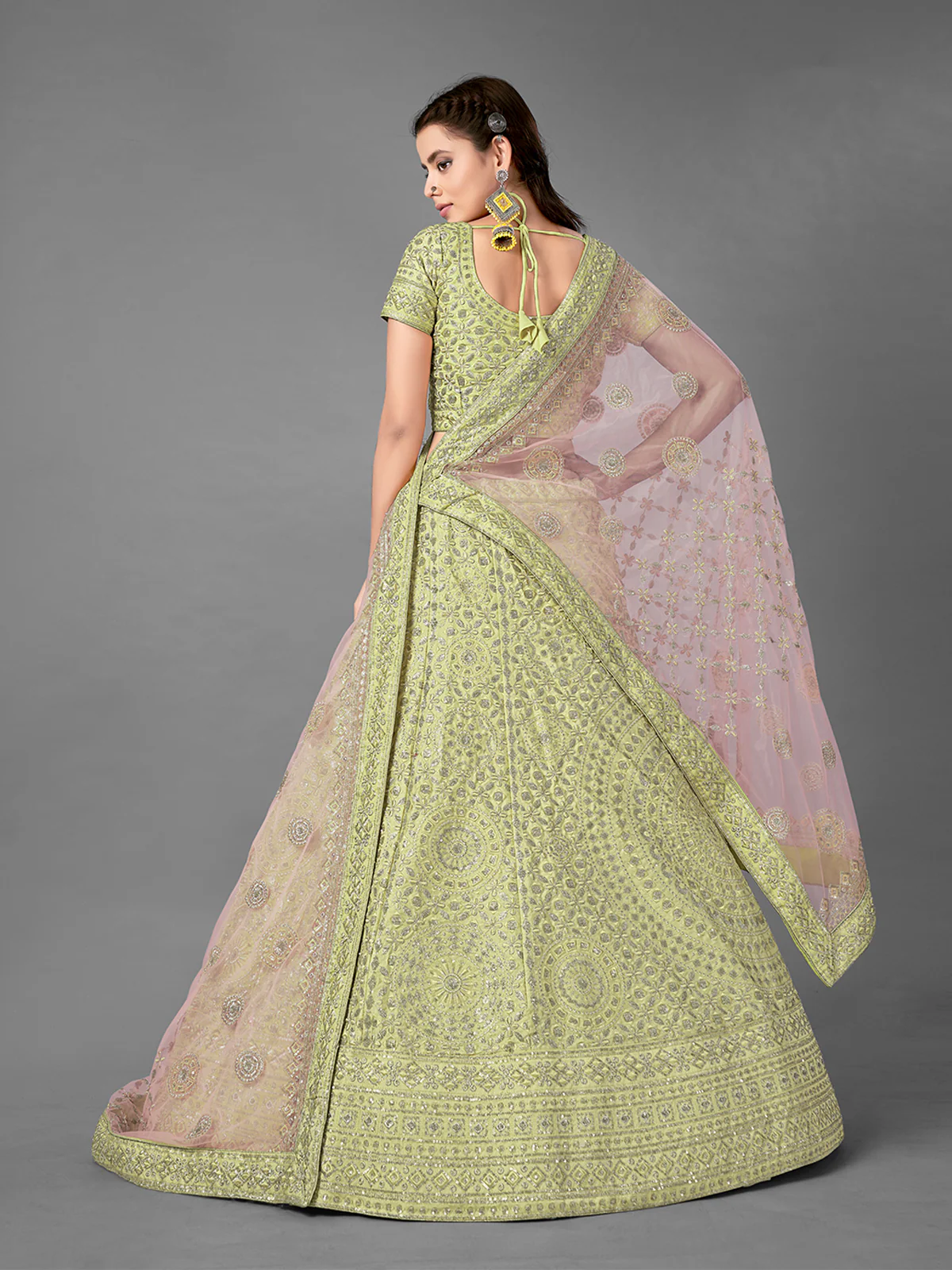 Odette Women Green Embroidered Art Silk Semi Stitched Lehenga With Unstitched Blouse - Image 3