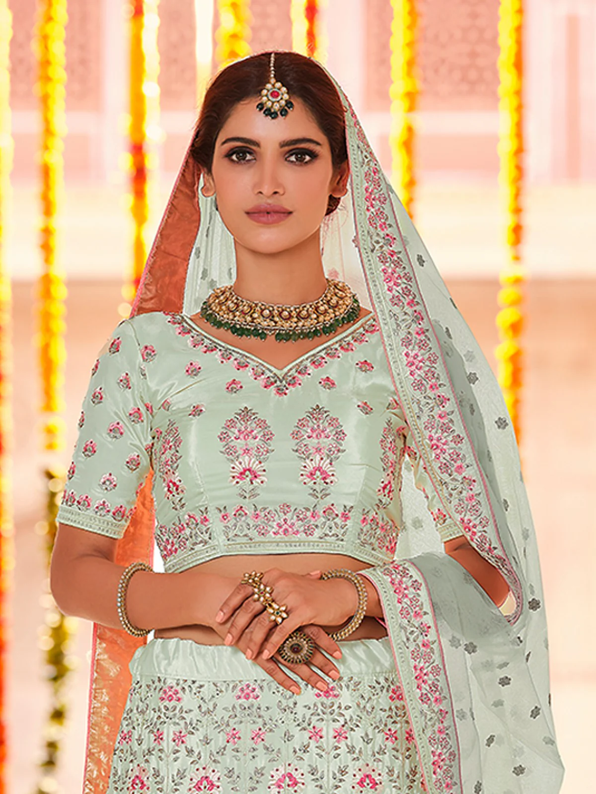 Odette Women Green Crepe Semi Stitched Lehenga With Unstitched Blouse - Image 2