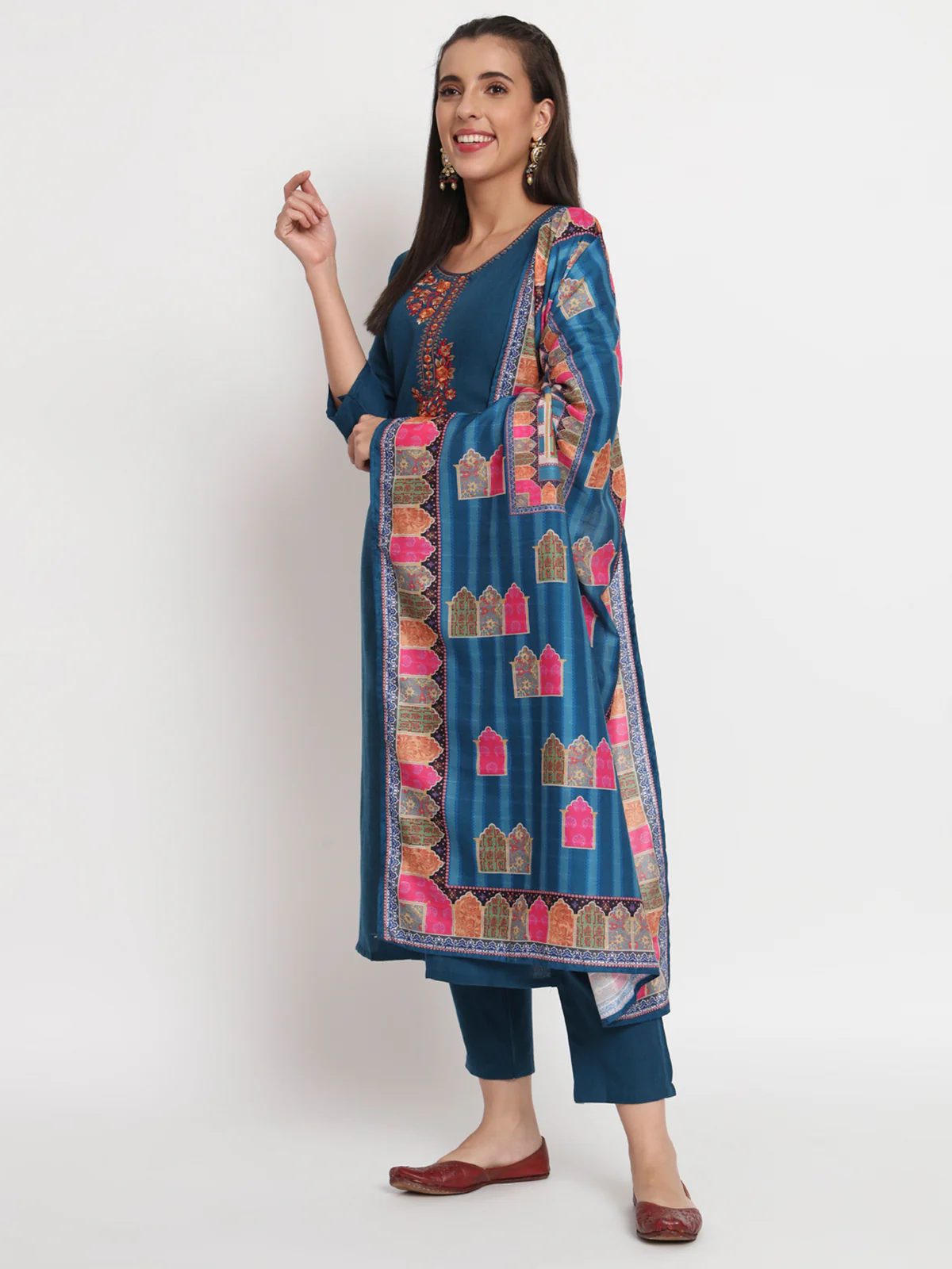 Odette Women Blue Cotton Blend Embroidered Stitched Kurta Set - Image 2