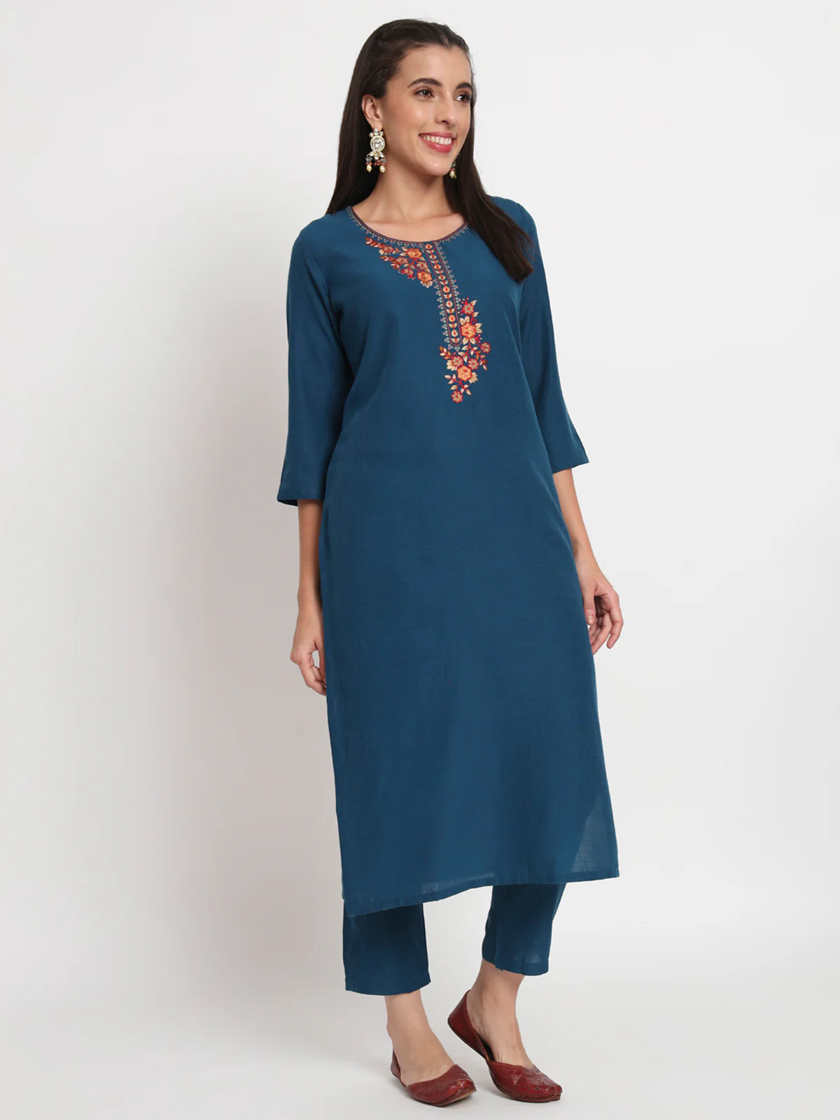 Odette Women Blue Cotton Blend Embroidered Stitched Kurta Set - Image 3
