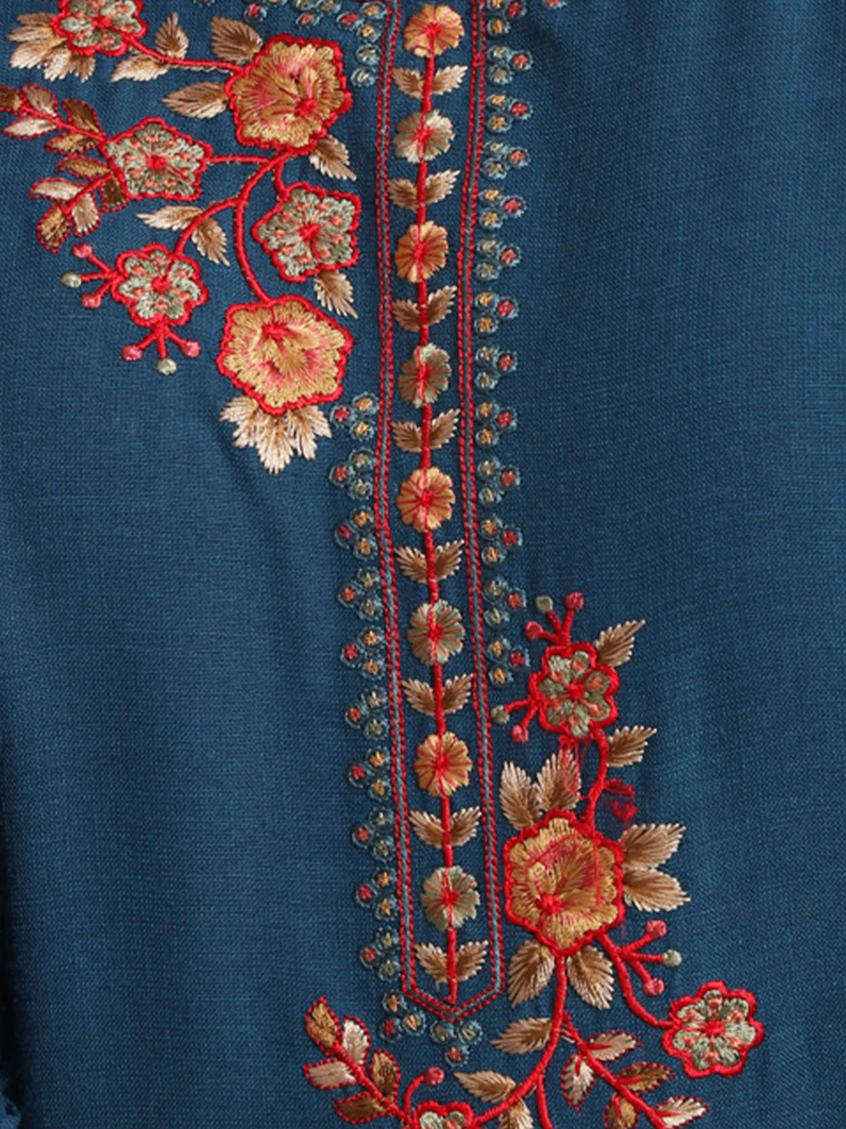 Odette Women Blue Cotton Blend Embroidered Stitched Kurta Set - Image 6