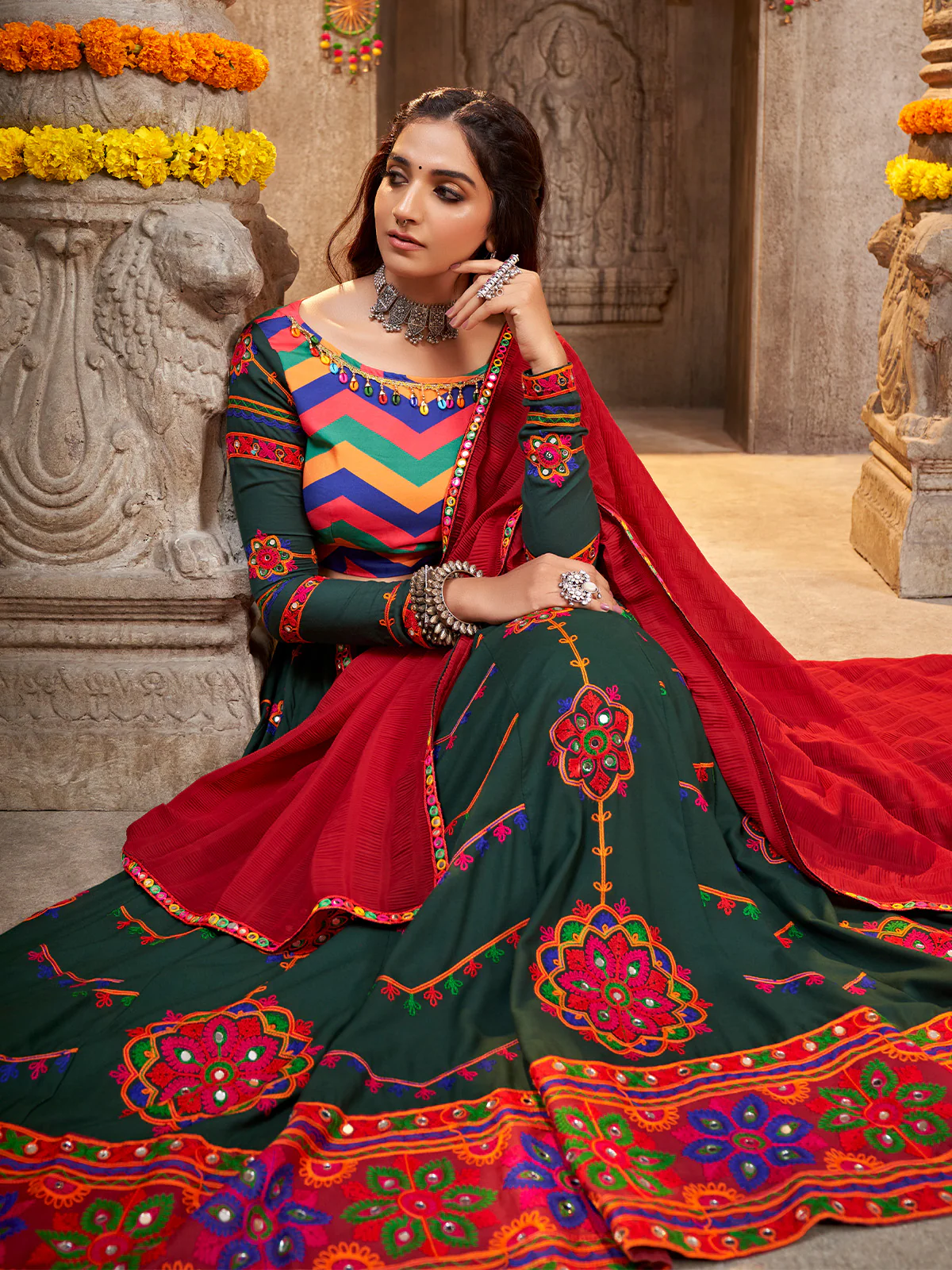 Odette Women Green Viscose Rayon Embroidered Semi Stitched Lehenga Choli - Image 4