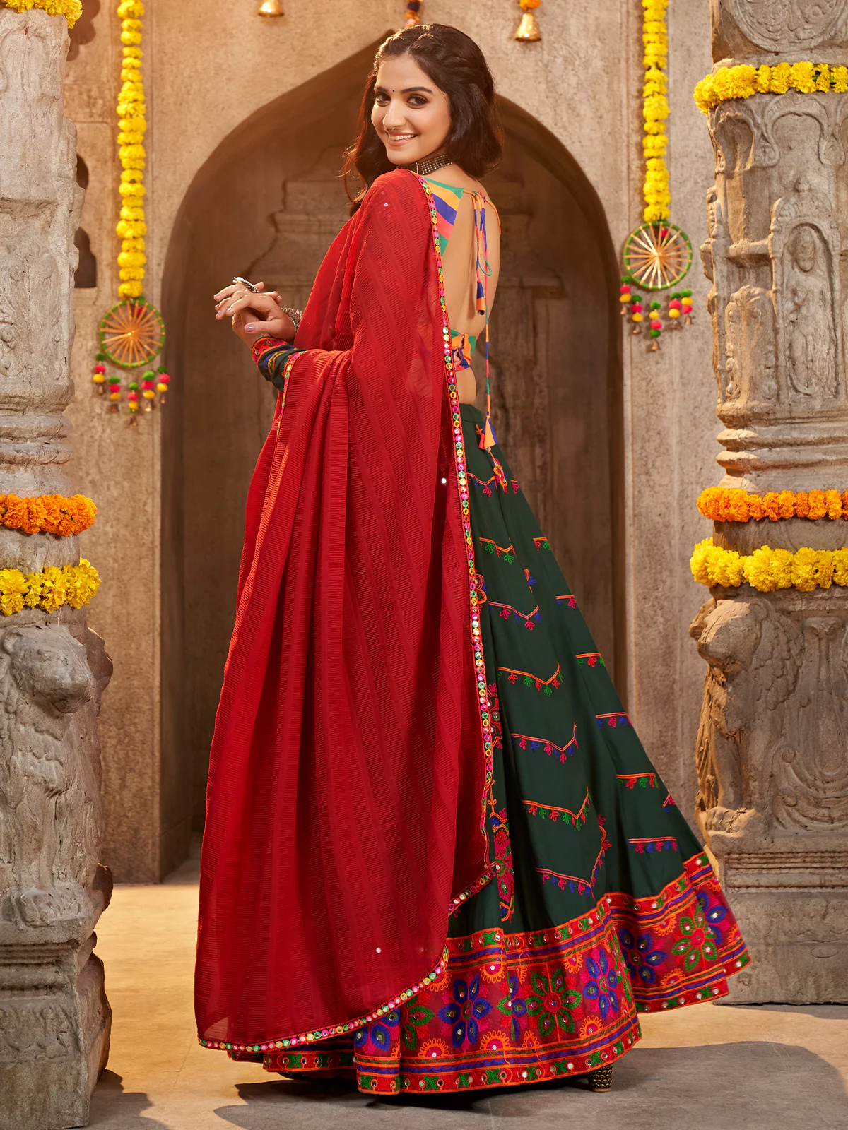Odette Women Green Viscose Rayon Embroidered Semi Stitched Lehenga Choli - Image 5