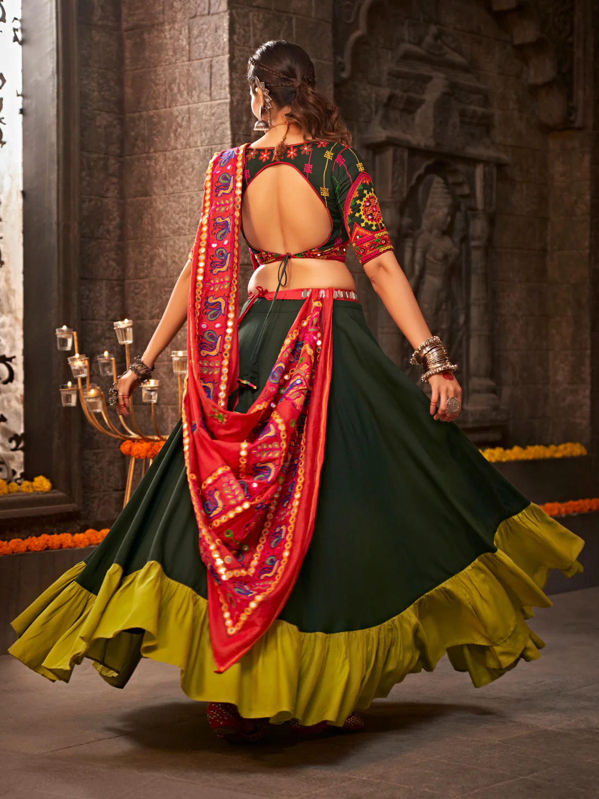 Odette Green Viscose Rayon Embroidered Semi Stitched Lehenga Choli For Women - Image 3