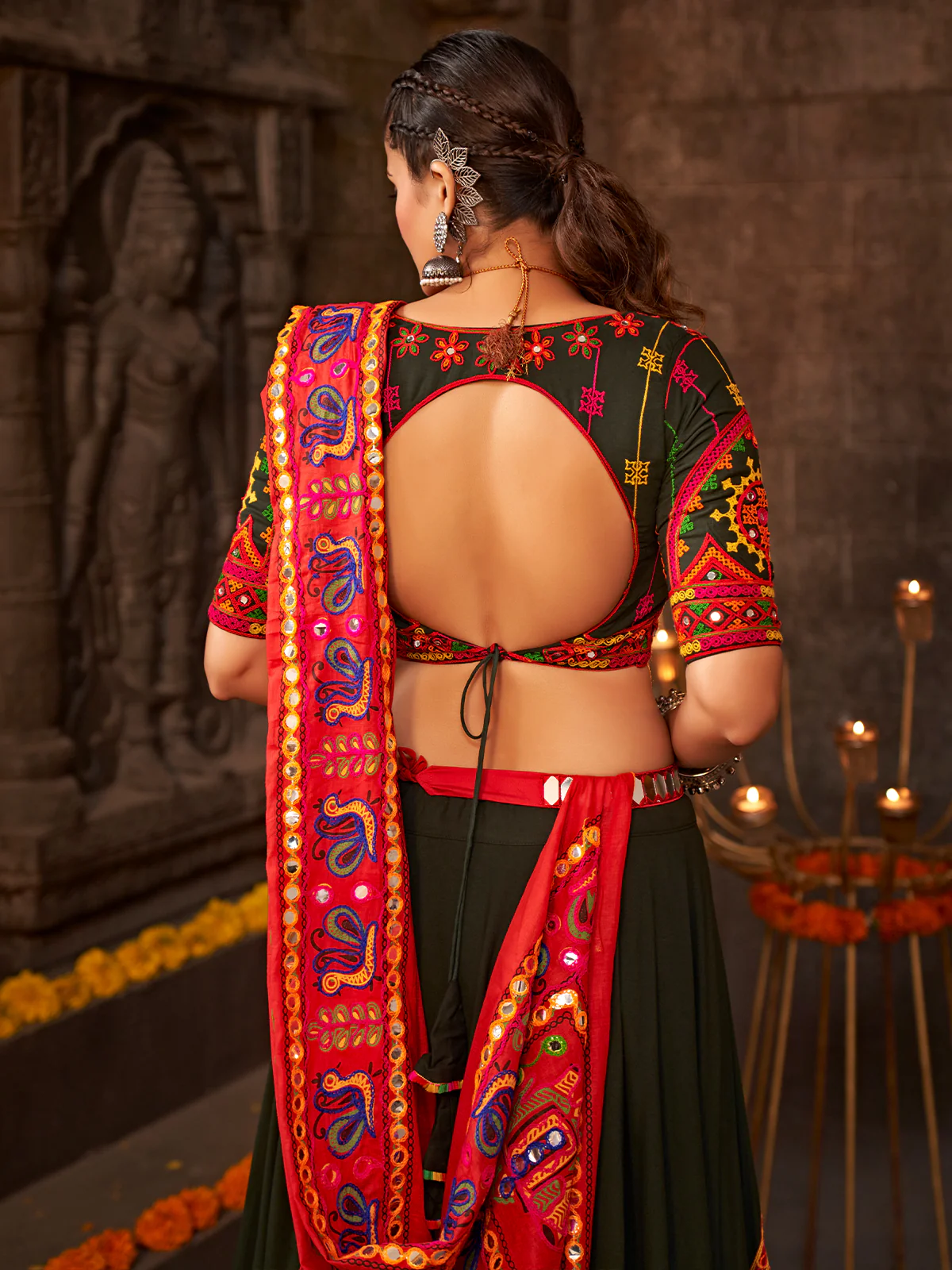 Odette Green Viscose Rayon Embroidered Semi Stitched Lehenga Choli For Women - Image 5