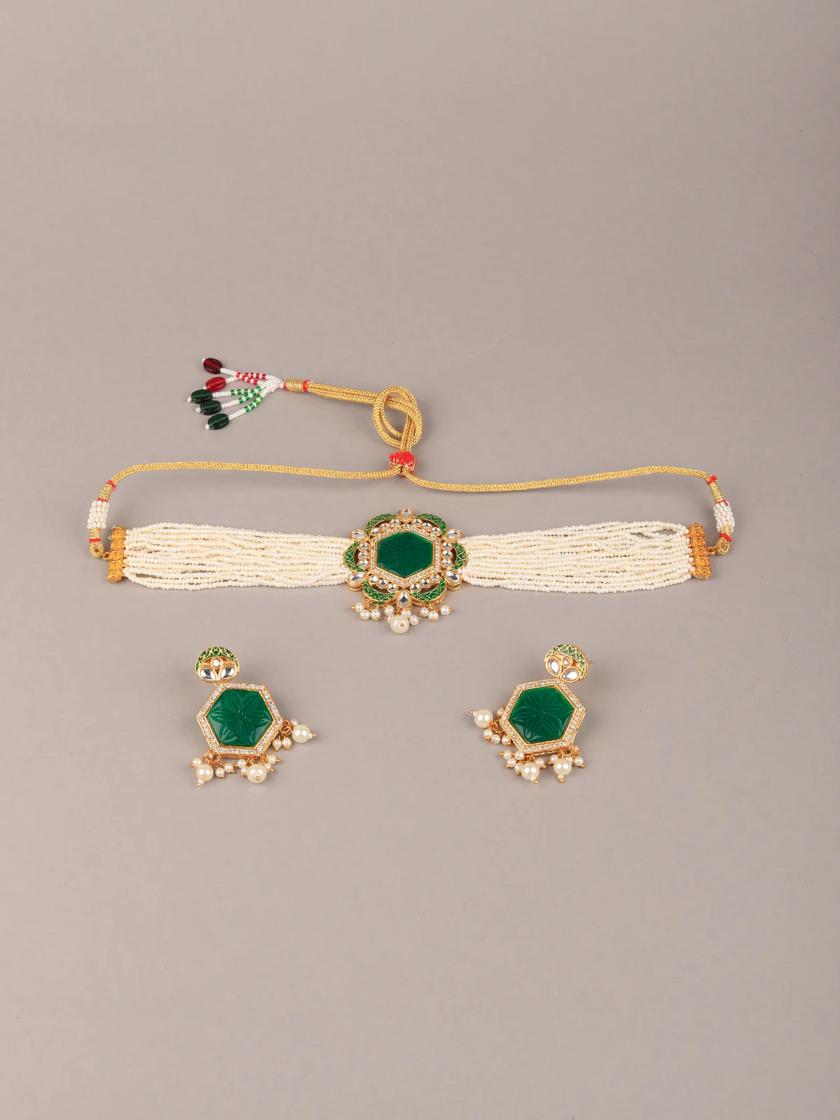 Odette Women Green-White Pearl-Kundan Traditional Necklace - Image 4