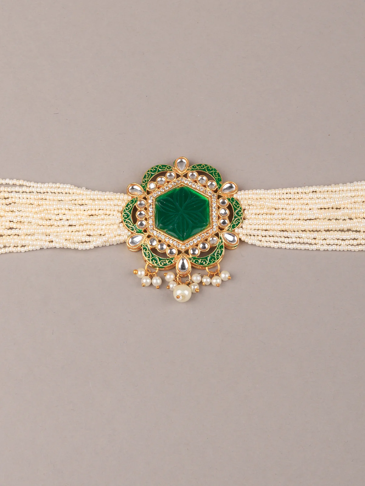 Odette Women Green-White Pearl-Kundan Traditional Necklace - Image 5