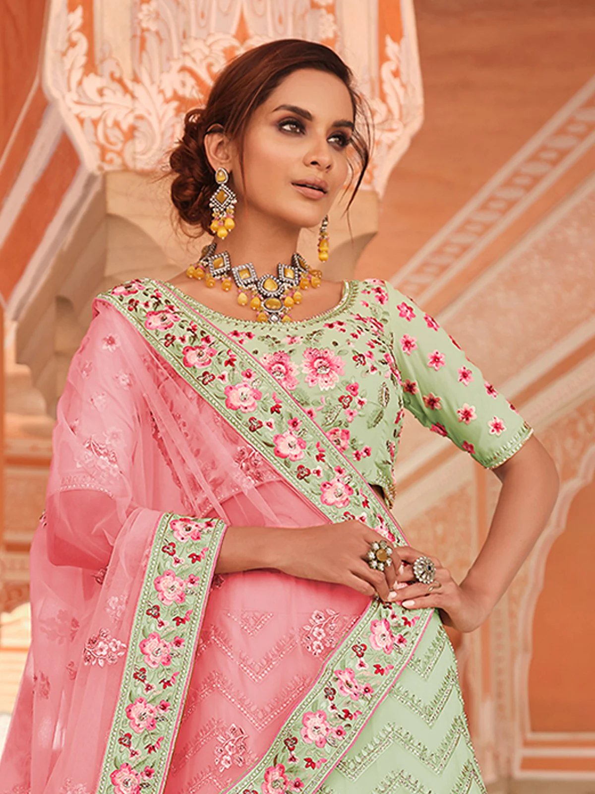 Odette Women Green Embroidered Georgette Semi Stitched Lehenga With Unstitched Blouse - Image 2