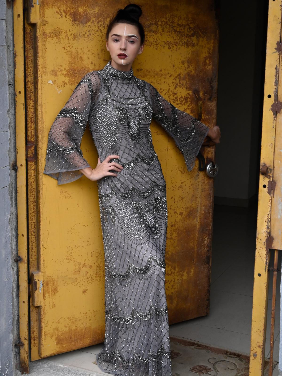 Odette Women Grey All Over Sequin Gown Stitched Dress