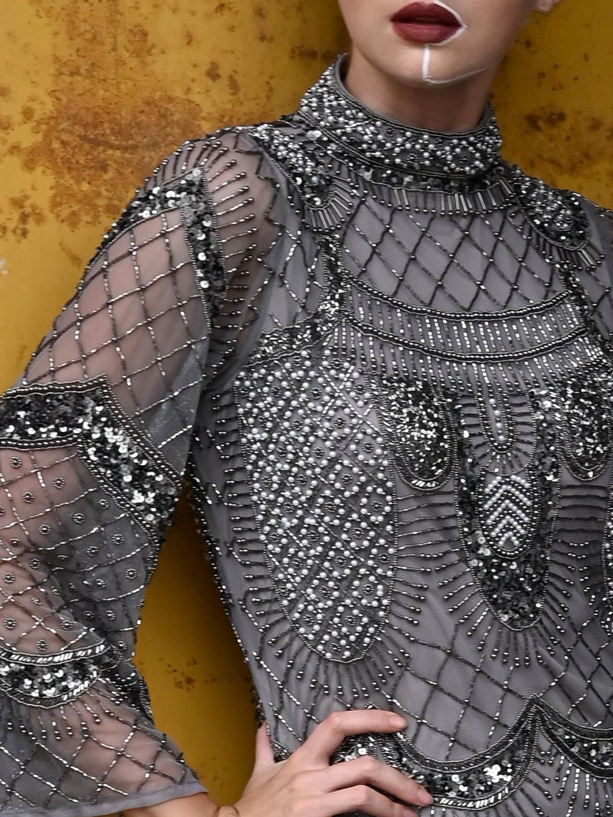 Odette Women Grey All Over Sequin Gown Stitched Dress - Image 4