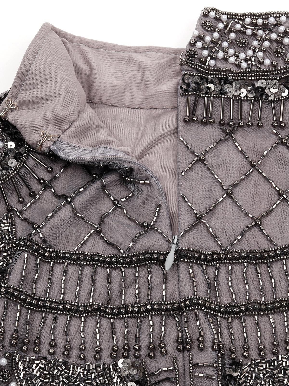 Odette Women Grey All Over Sequin Gown Stitched Dress - Image 7