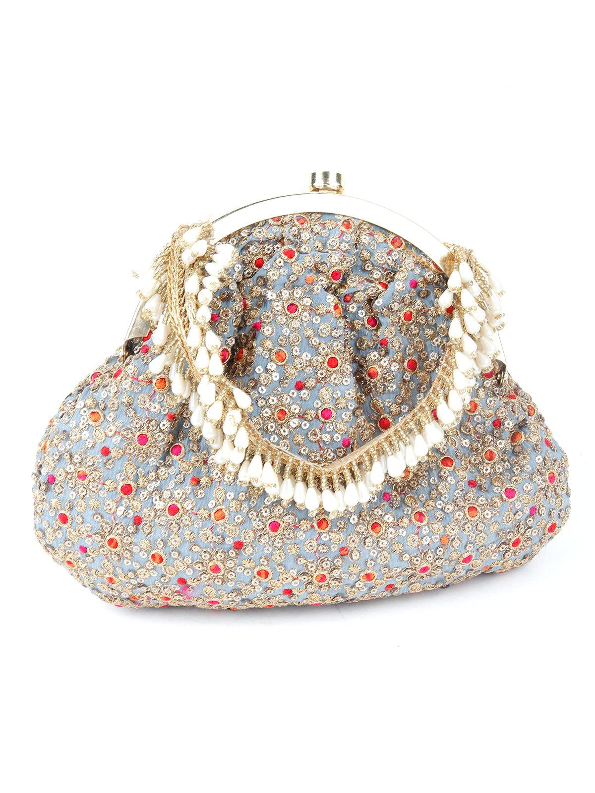 Odette Women Grey And Golden Embroidered Batuwa - Image 4