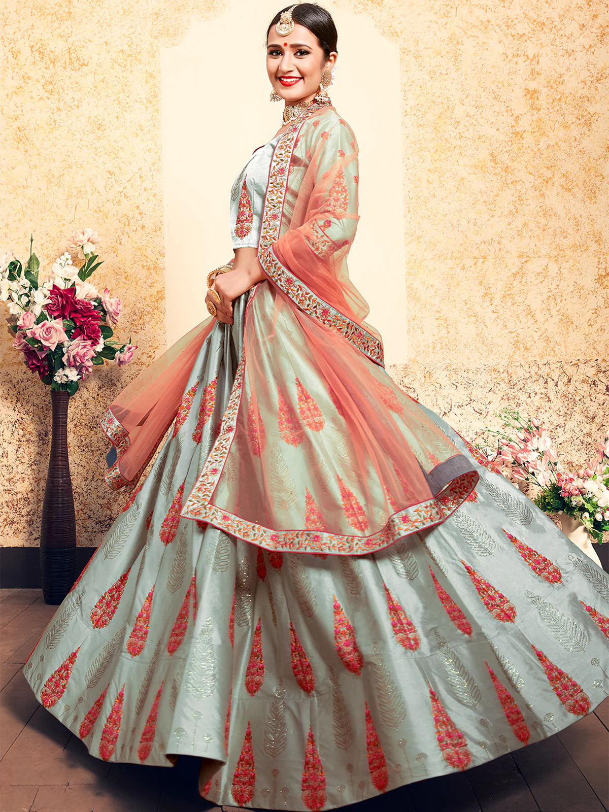 Odette Women Grey Designer Semi Stitched Lehenga With Unstitched Blouse - Image 2