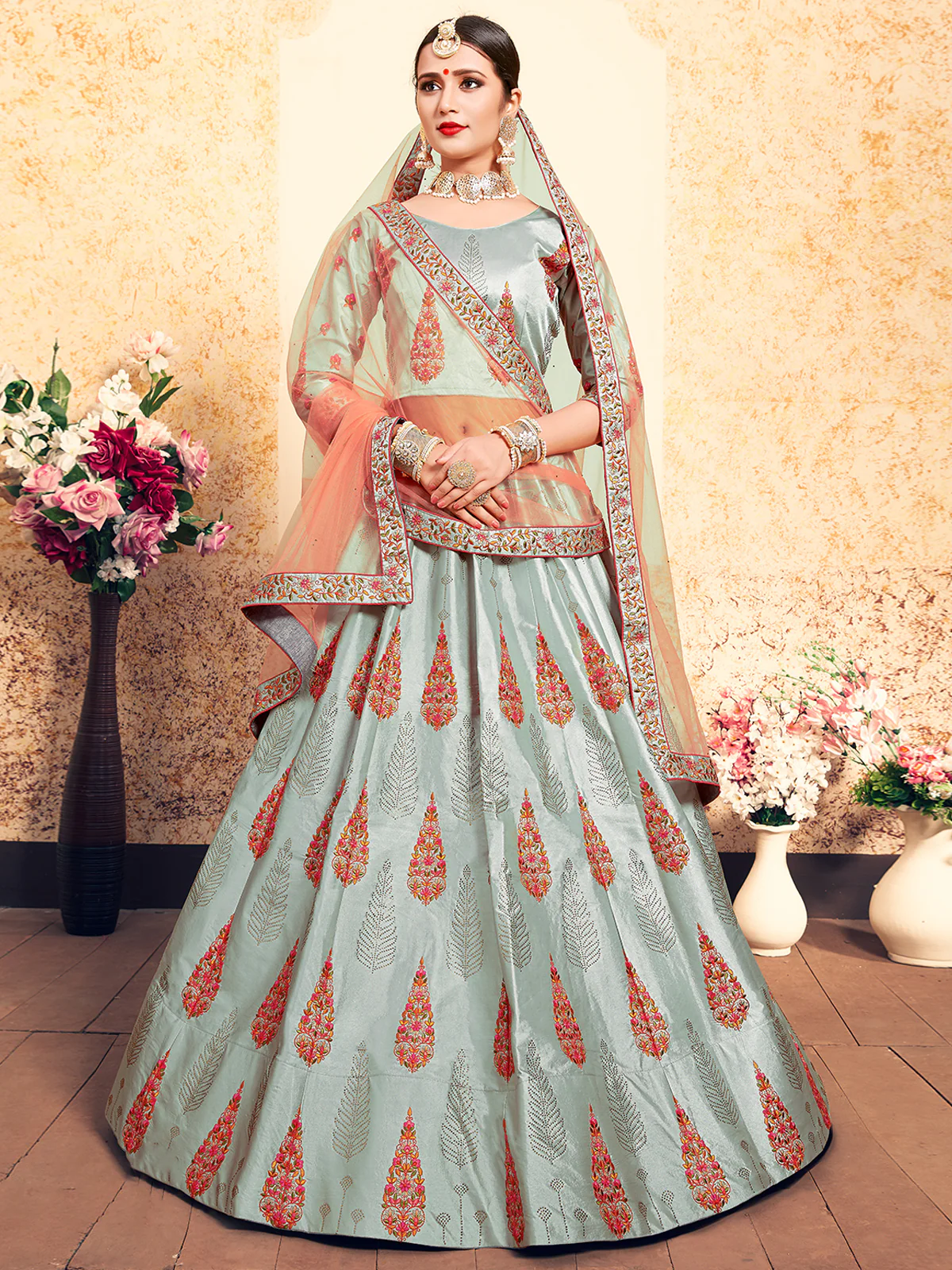 Odette Women Grey Designer Semi Stitched Lehenga With Unstitched Blouse - Image 3