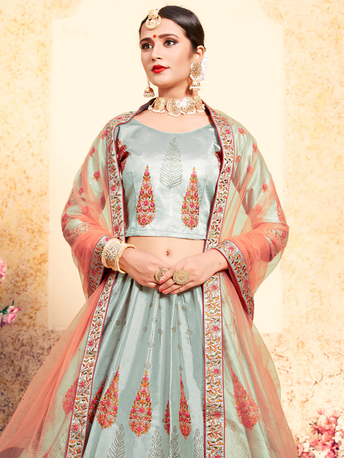 Odette Women Grey Designer Semi Stitched Lehenga With Unstitched Blouse - Image 4