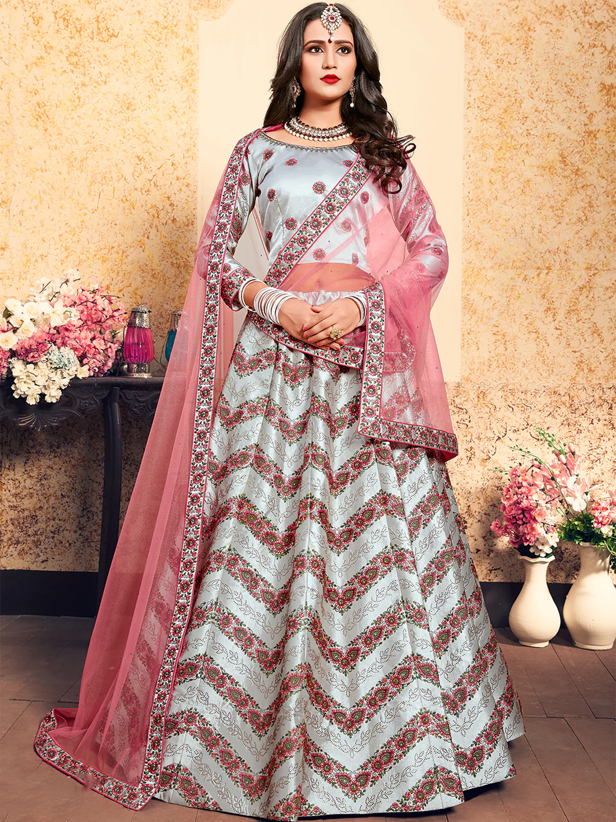 Odette Women Grey Designer Semi Stitched Lehenga With Unstitched Blouse - Image 3