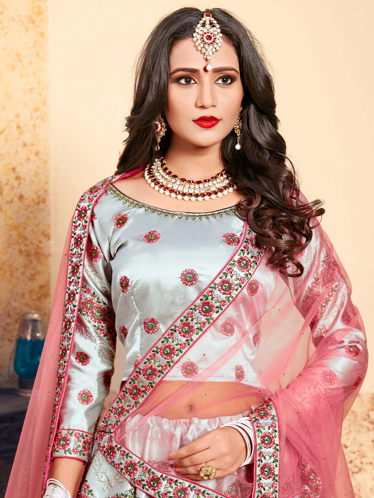 Odette Women Grey Designer Semi Stitched Lehenga With Unstitched Blouse - Image 5