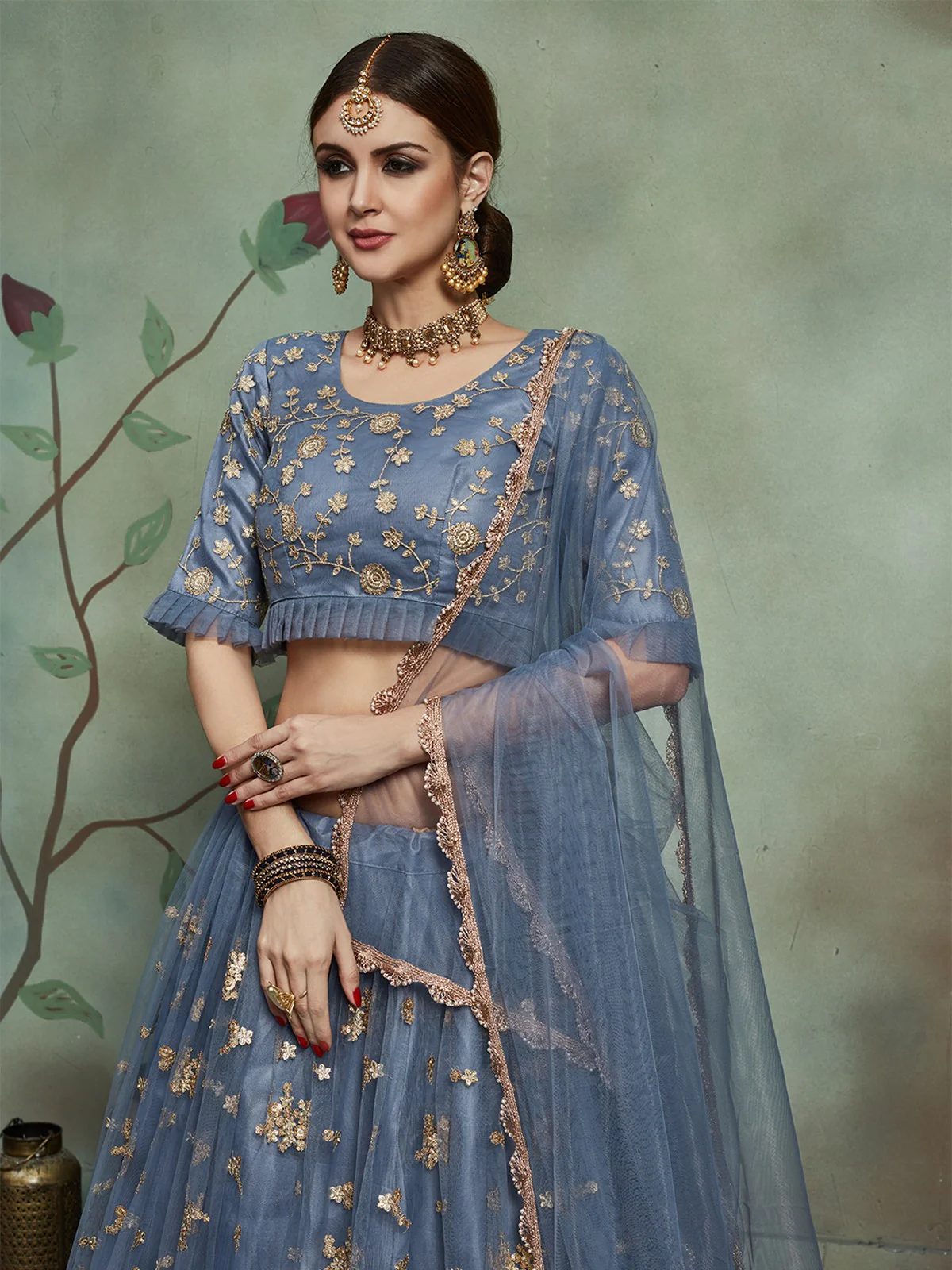 Odette Women Grey Designer Semi Stitched Lehenga With Unstitched Blouse - Image 3