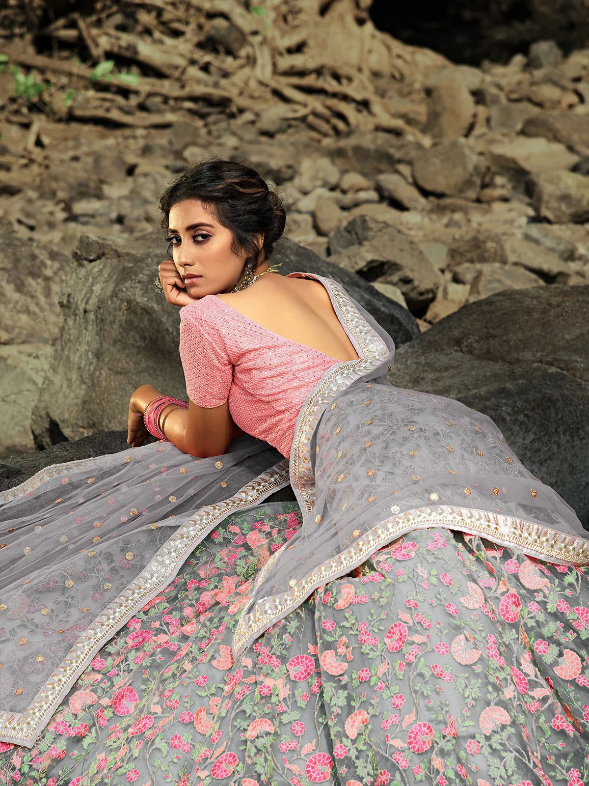 Odette Women Grey Designer Semi Stitched Lehenga With Unstitched Blouse - Image 3