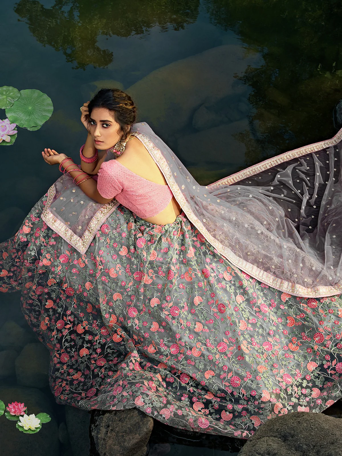 Odette Women Grey Designer Semi Stitched Lehenga With Unstitched Blouse - Image 4