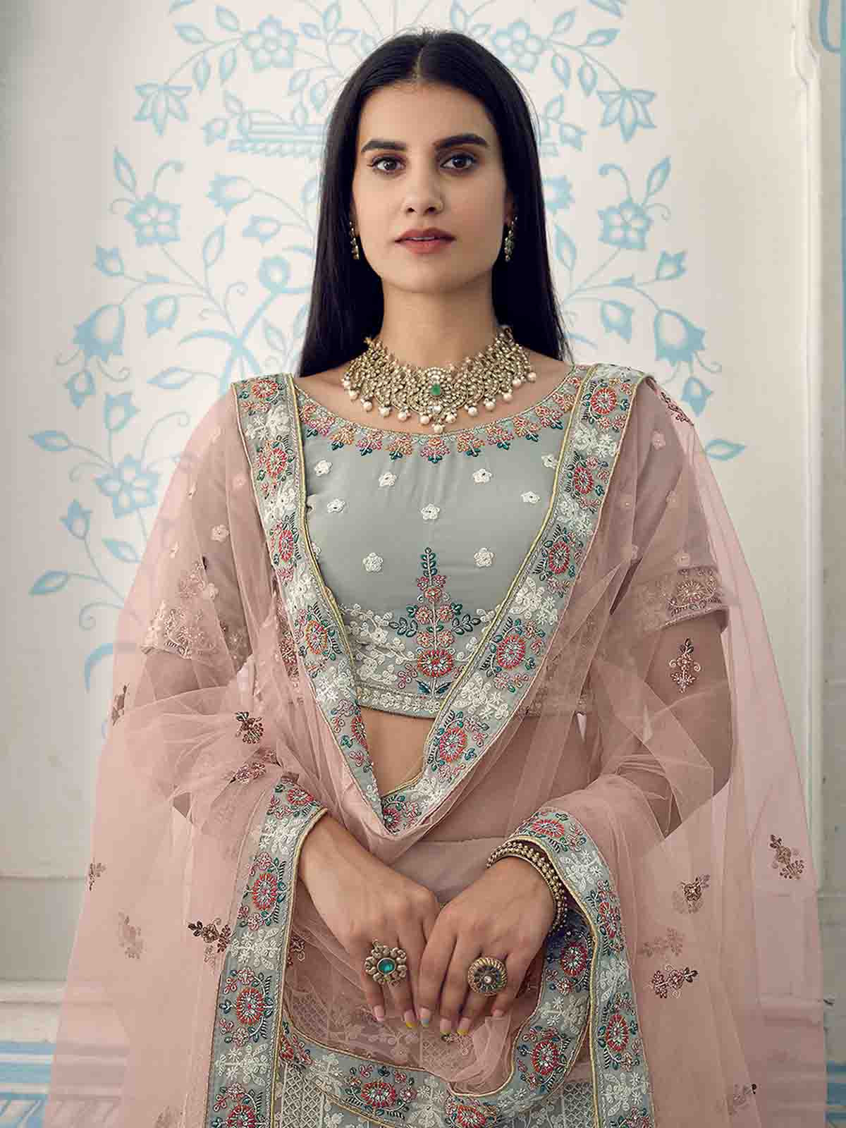 Odette Women Grey Designer Semi Stitched Lehenga With Unstitched Blouse - Image 3