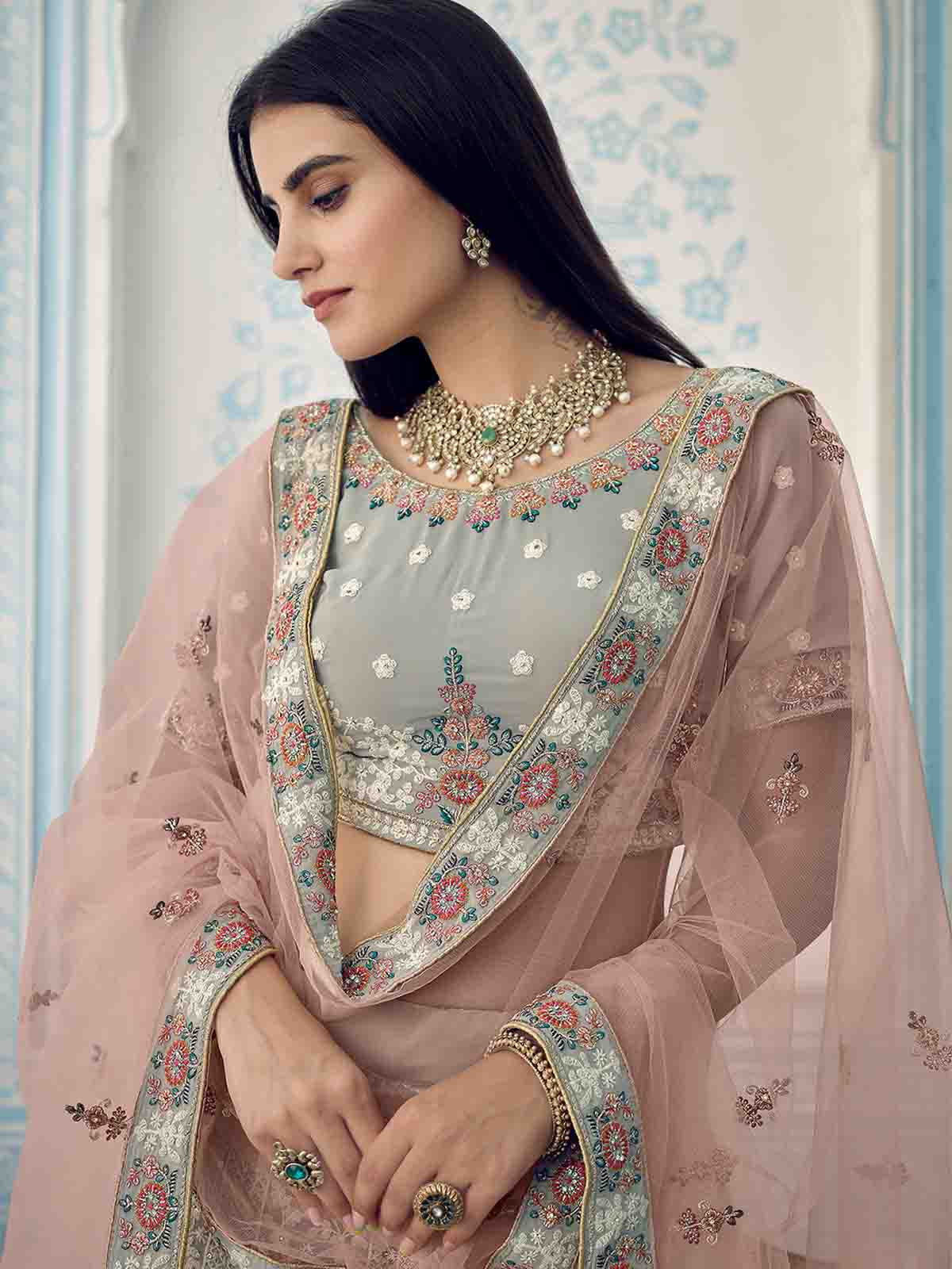 Odette Women Grey Designer Semi Stitched Lehenga With Unstitched Blouse - Image 4