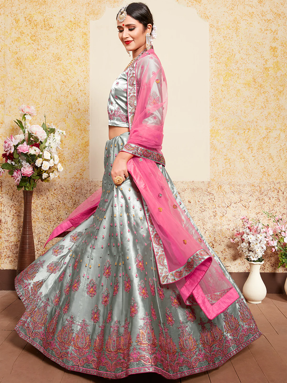 Odette Women Grey Designer Semi Stitched Lehenga With Unstitched Blouse - Image 4