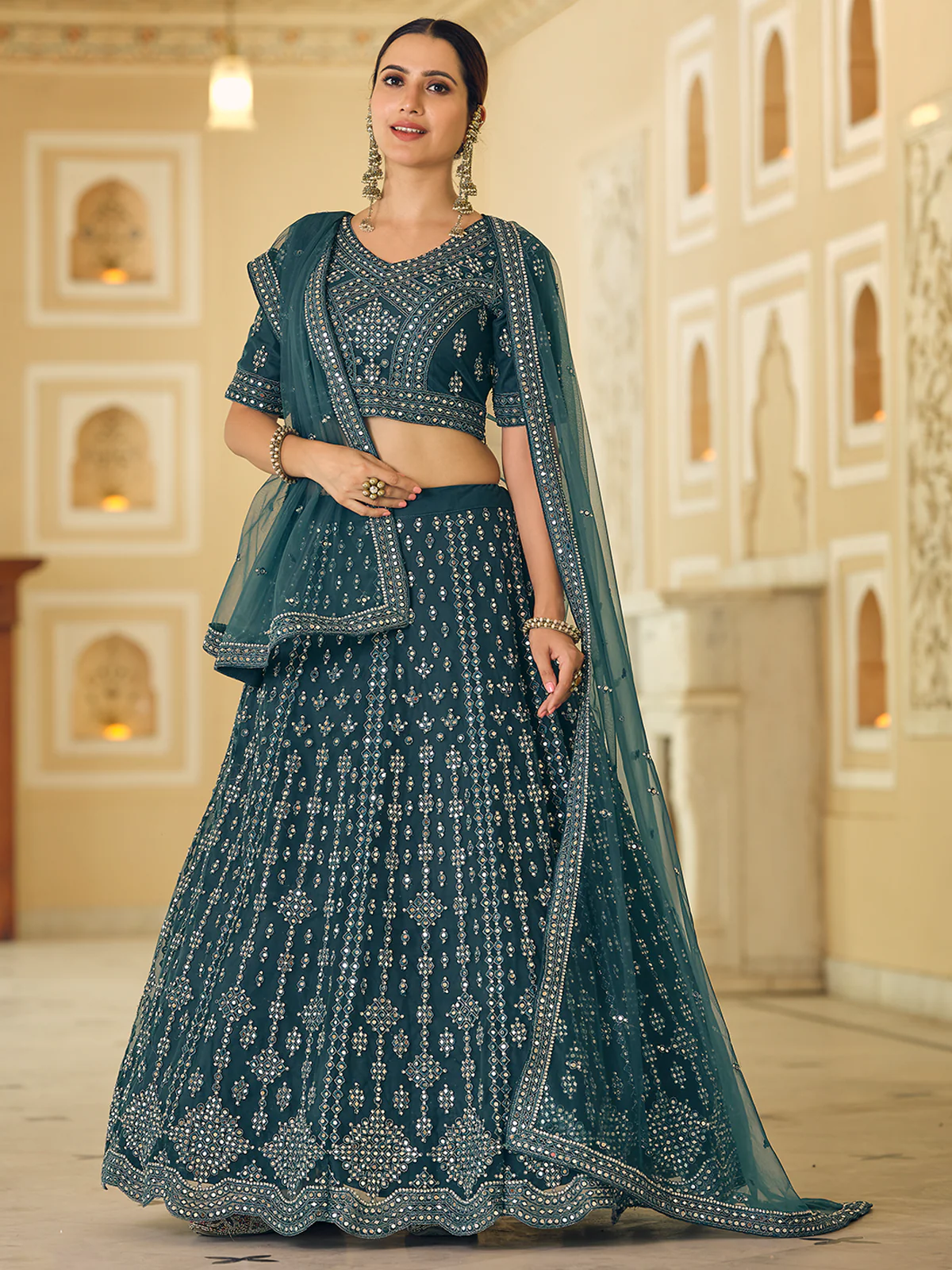 Odette Women Teal Embroidered Soft Net Semi Stitched Lehenga With Unstitched Blouse