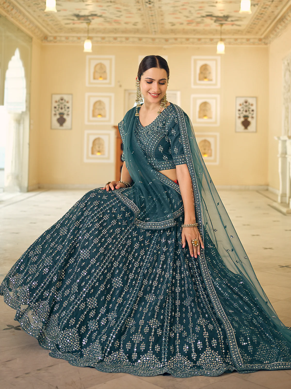 Odette Women Teal Embroidered Soft Net Semi Stitched Lehenga With Unstitched Blouse - Image 2