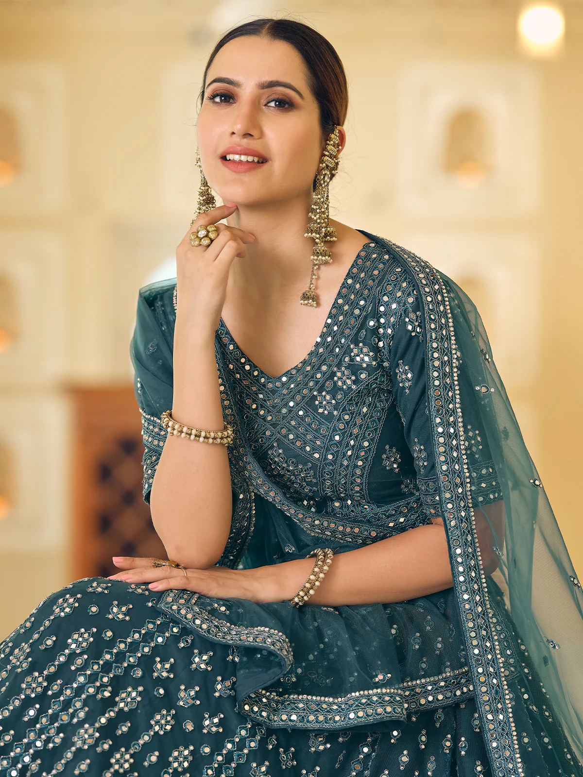 Odette Women Teal Embroidered Soft Net Semi Stitched Lehenga With Unstitched Blouse - Image 3