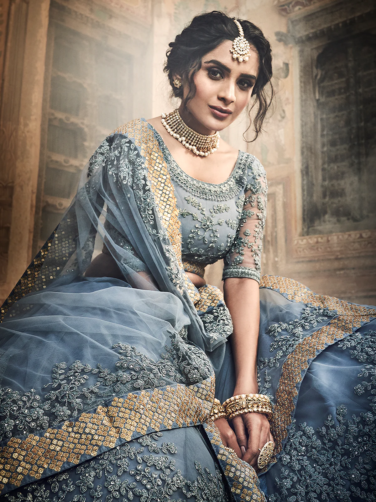 Odette Women Grey Embroidered Soft Net Semi Stitched Lehenga With Unstitched Blouse - Image 3