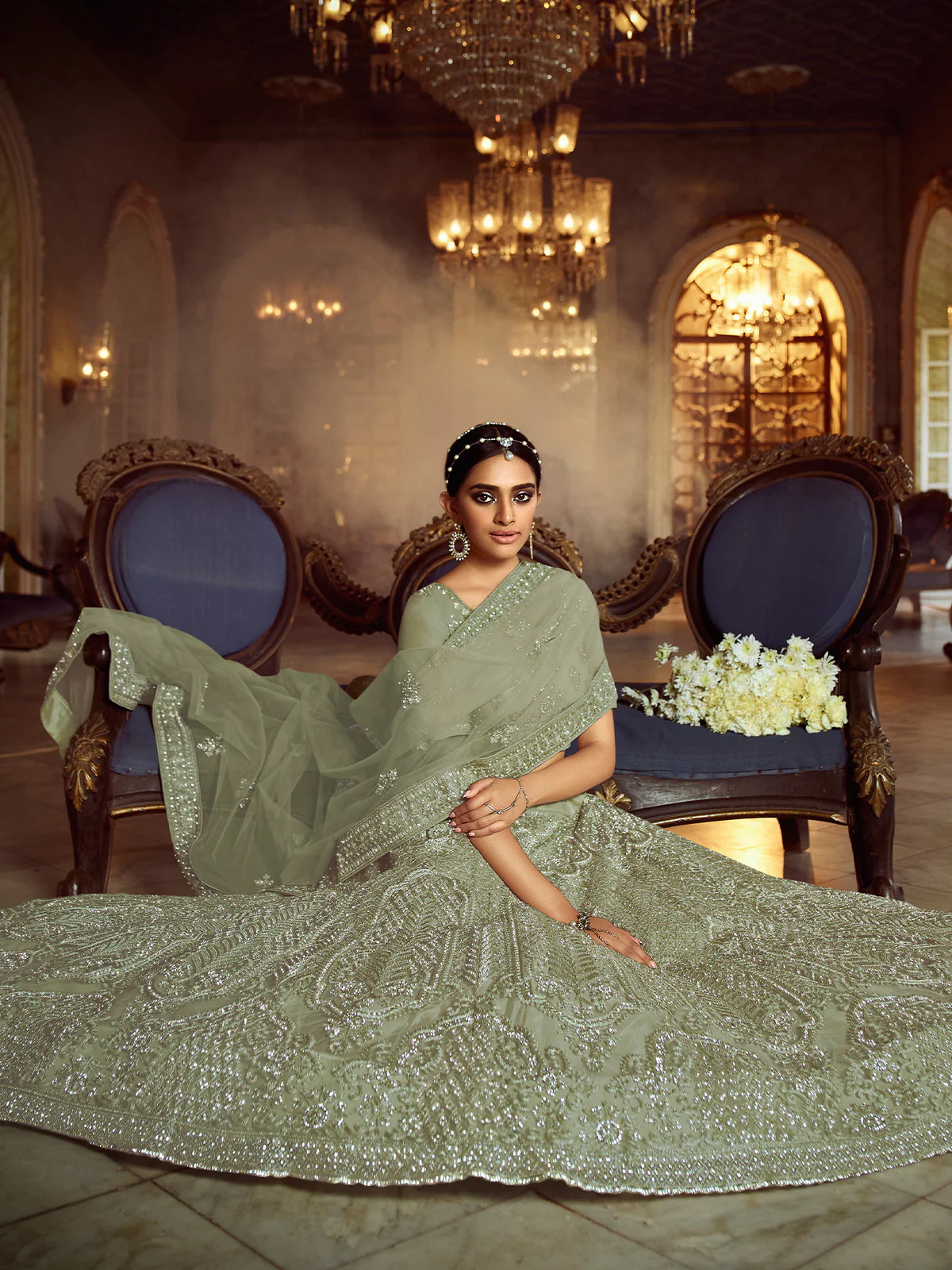 Odette Women Olive Embroidered Soft Net Semi Stitched Lehenga With Unstitched Blouse - Image 2