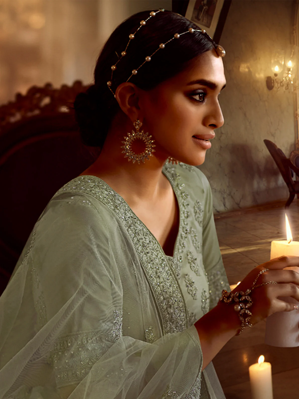 Odette Women Olive Embroidered Soft Net Semi Stitched Lehenga With Unstitched Blouse - Image 4