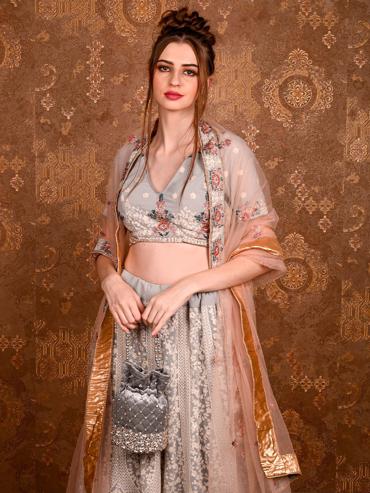 Odette Women Grey Embellished Potli Bag - Image 2