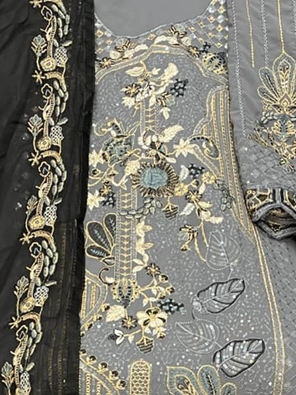 Odette Women Grey Embroidered Georgette Semi Stitched Salwar Suit - Image 3