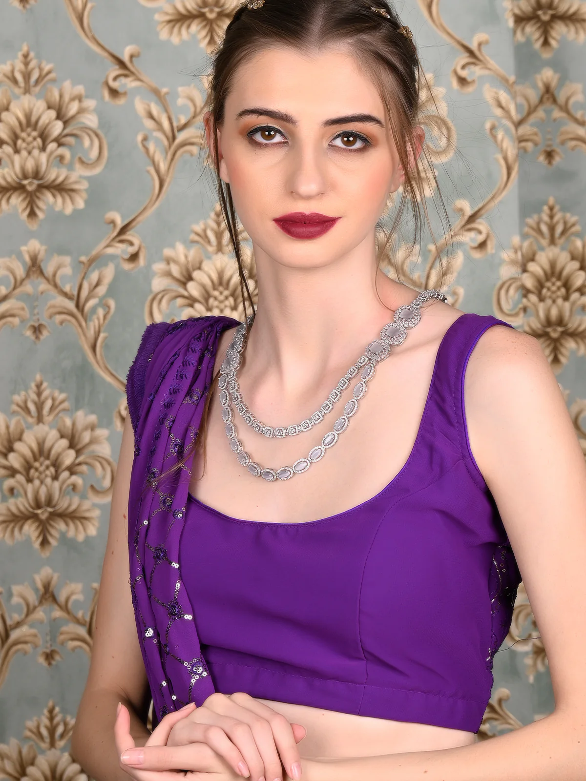 Odette Women Grey Faux Stones Studded Choker Necklace Set - Image 2