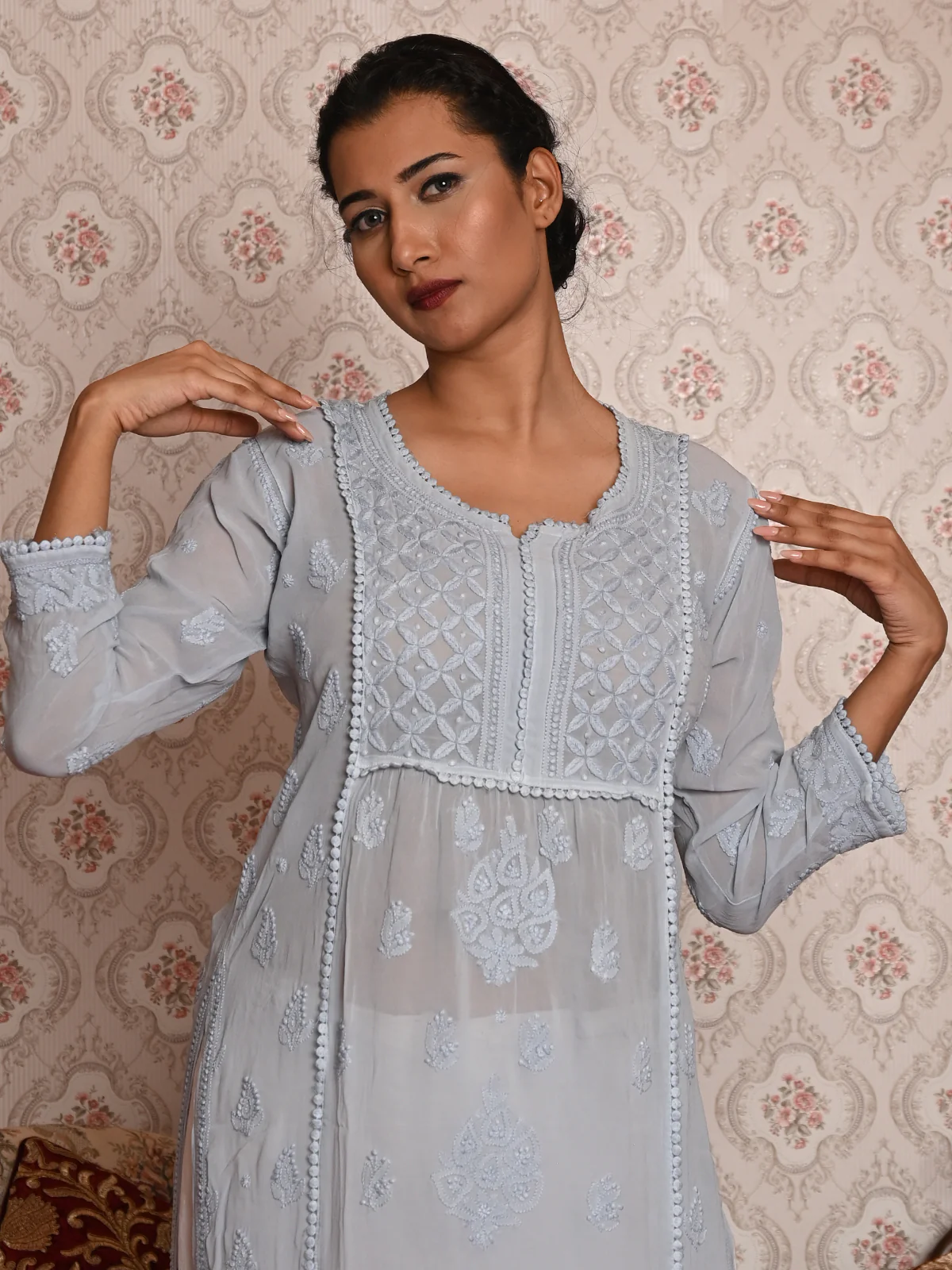 Odette Women Grey Georgette Chikankari Embroidered Stitched Kurta - Image 2
