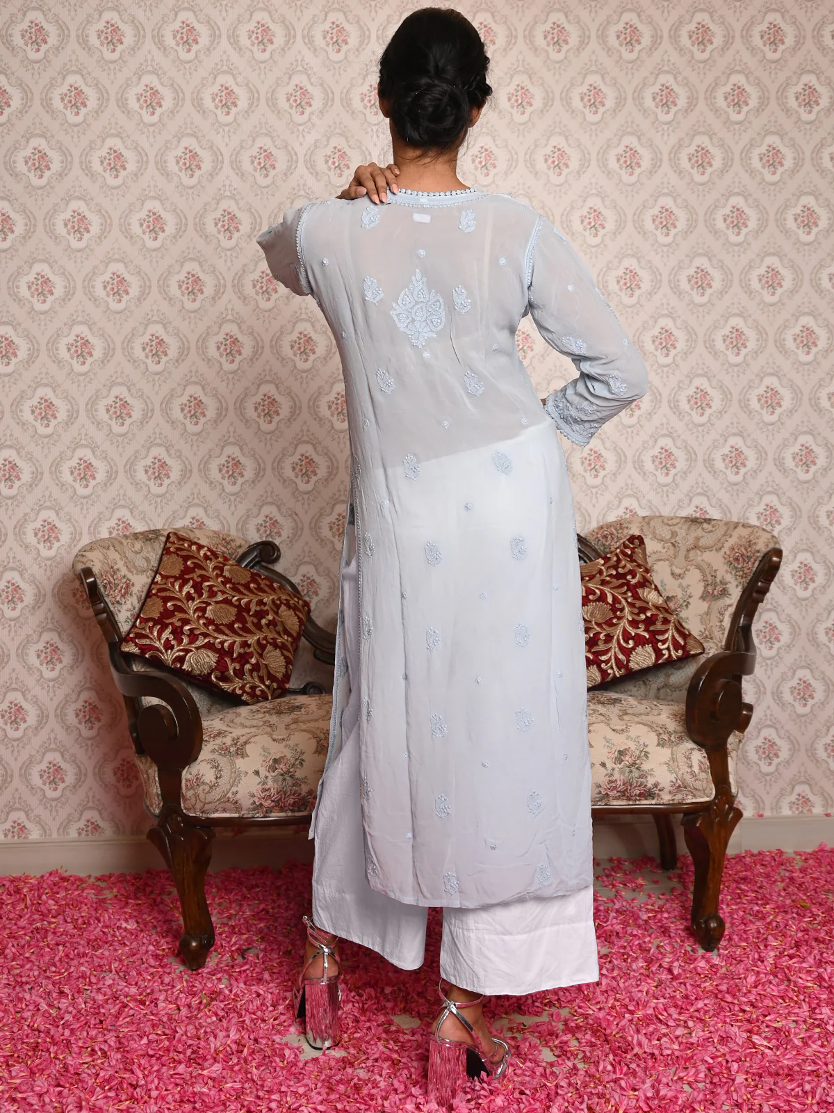 Odette Women Grey Georgette Chikankari Embroidered Stitched Kurta - Image 3