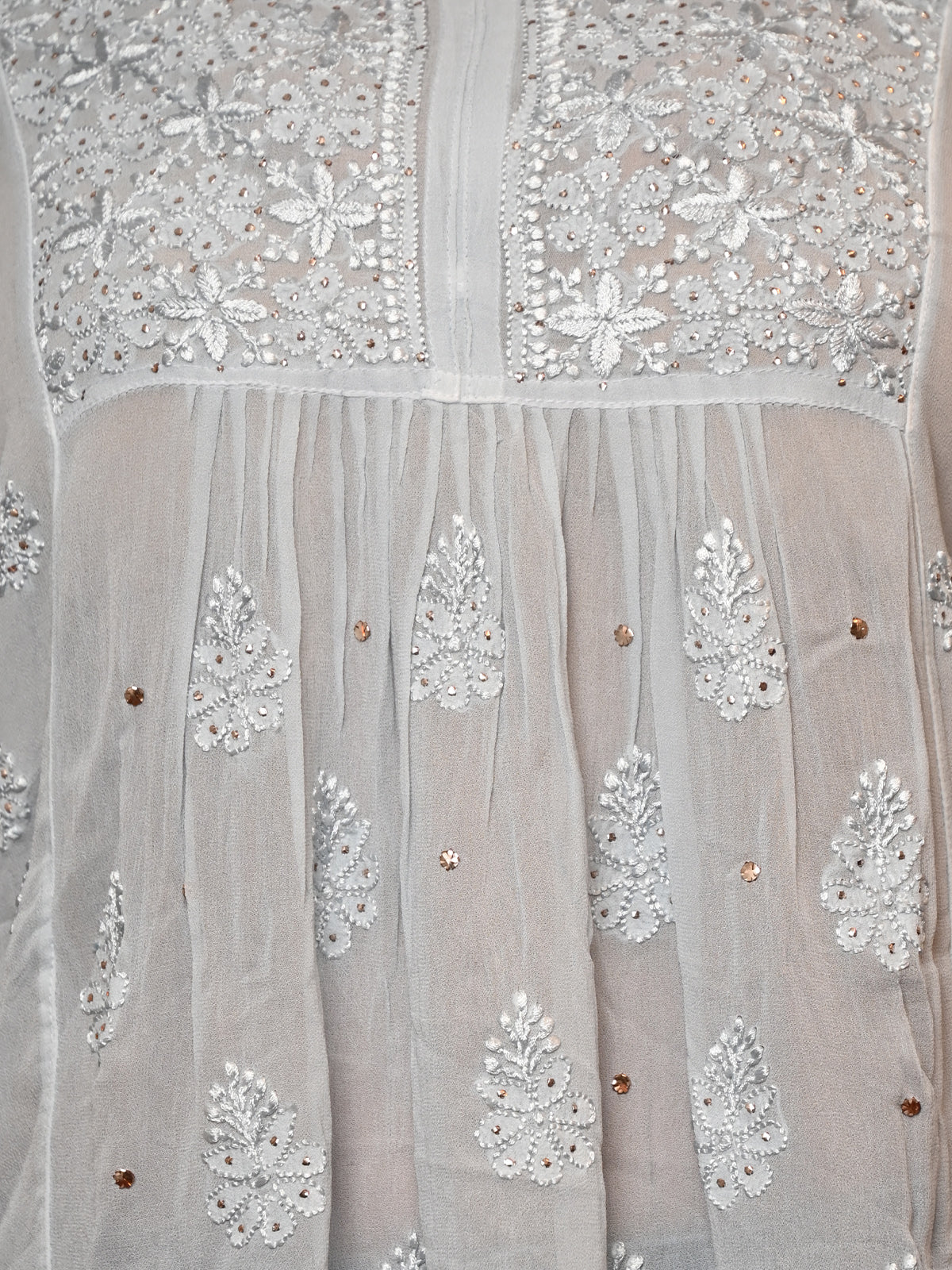 Odette Women Grey Georgette Chikankari Mukaish Work Embroidered Stitched Short Kurti - Image 5